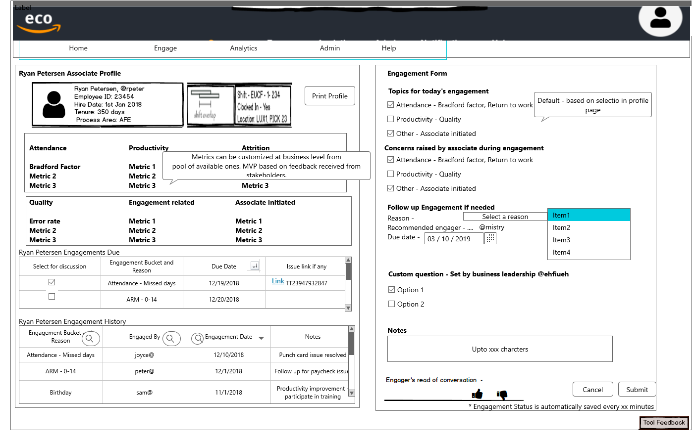This wireframe is the associate profile page that the product manager originally wanted to build. I was able to negotiate 6 weeks to iterate on this idea.