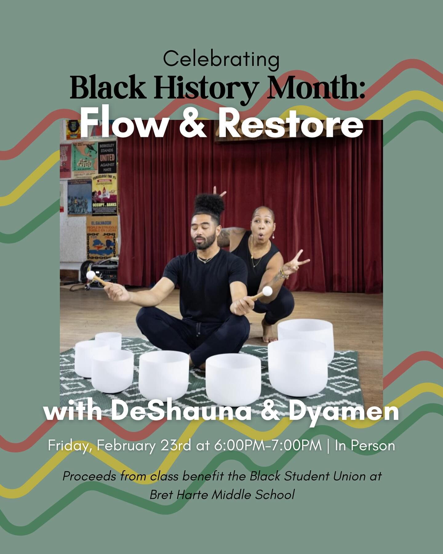 Celebrating Black History Month: Flow &amp; Restore with DeShauna &amp; Dyamen. Join @themellowestspace &amp; @dyamen on Friday, February 23rd at 6:00PM7:00PM  for this fun Friday two part class - begin with moving through a heart centered flow and e
