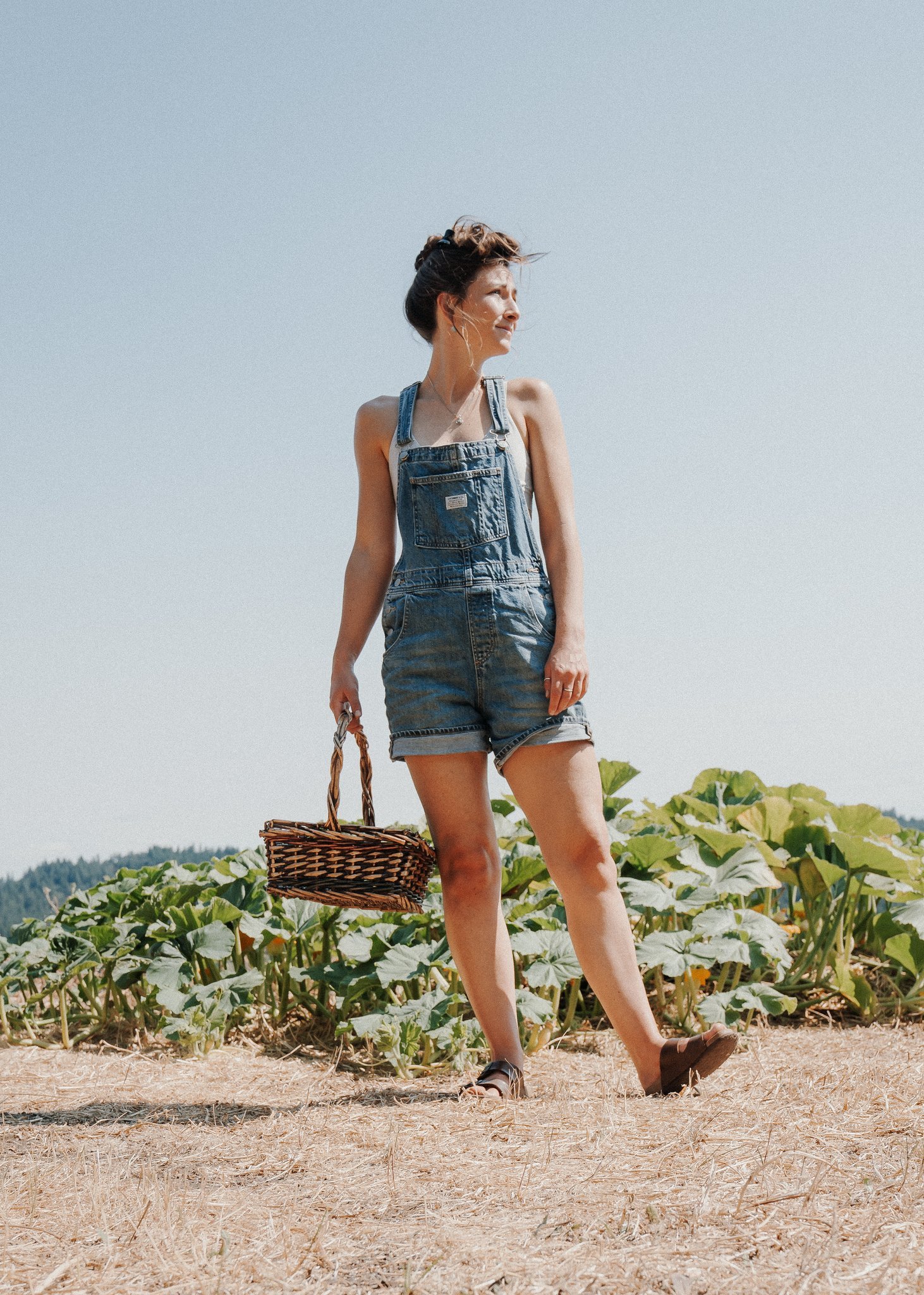 Person in denim overalls holding a wicker basket, standing in a field with plants under a clear blue sky.