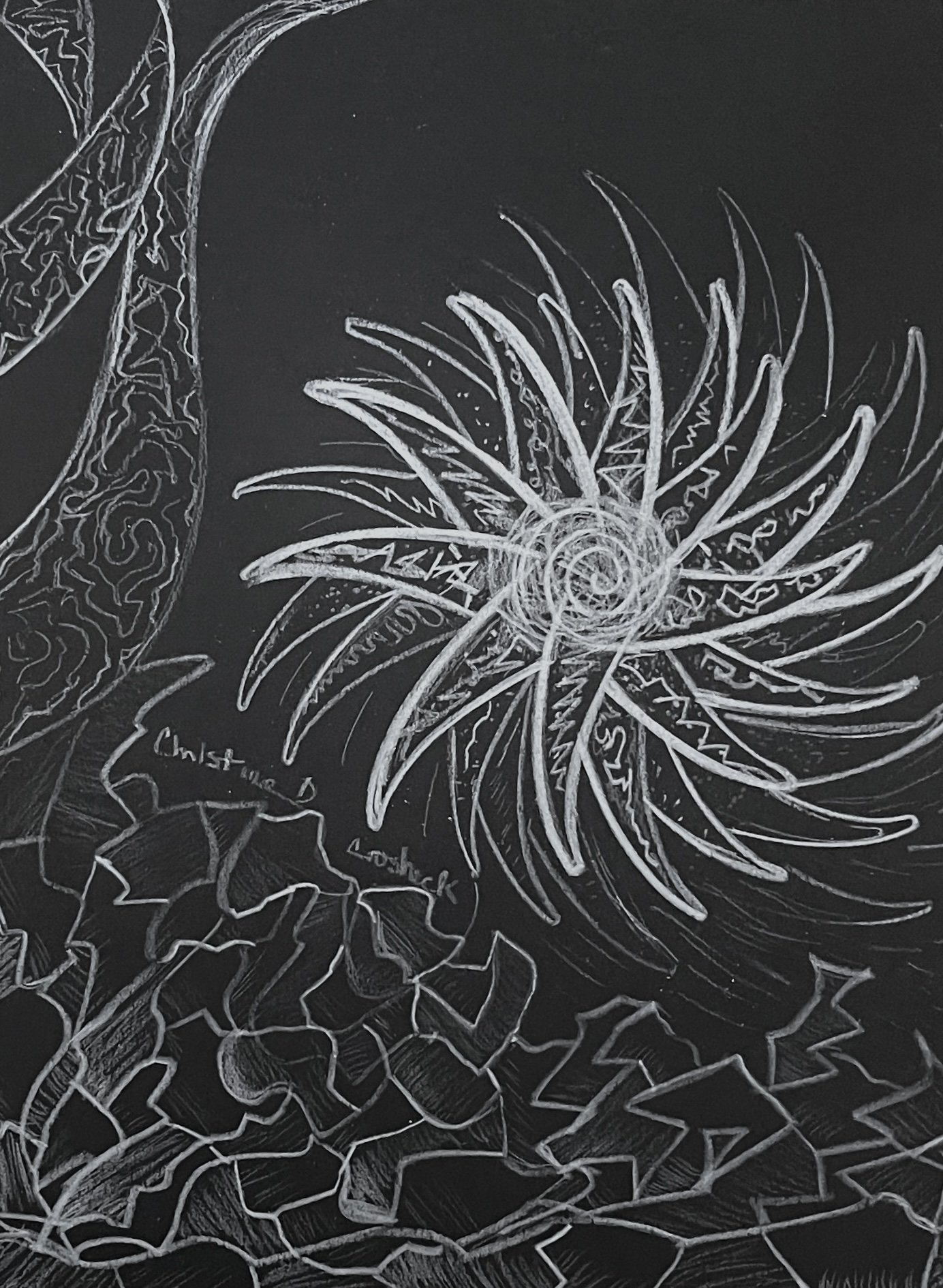 Abstract Black And White Drawing, Original , Title: “Get The Ball Rolling” 9” by 12”, $420 (Unframed)