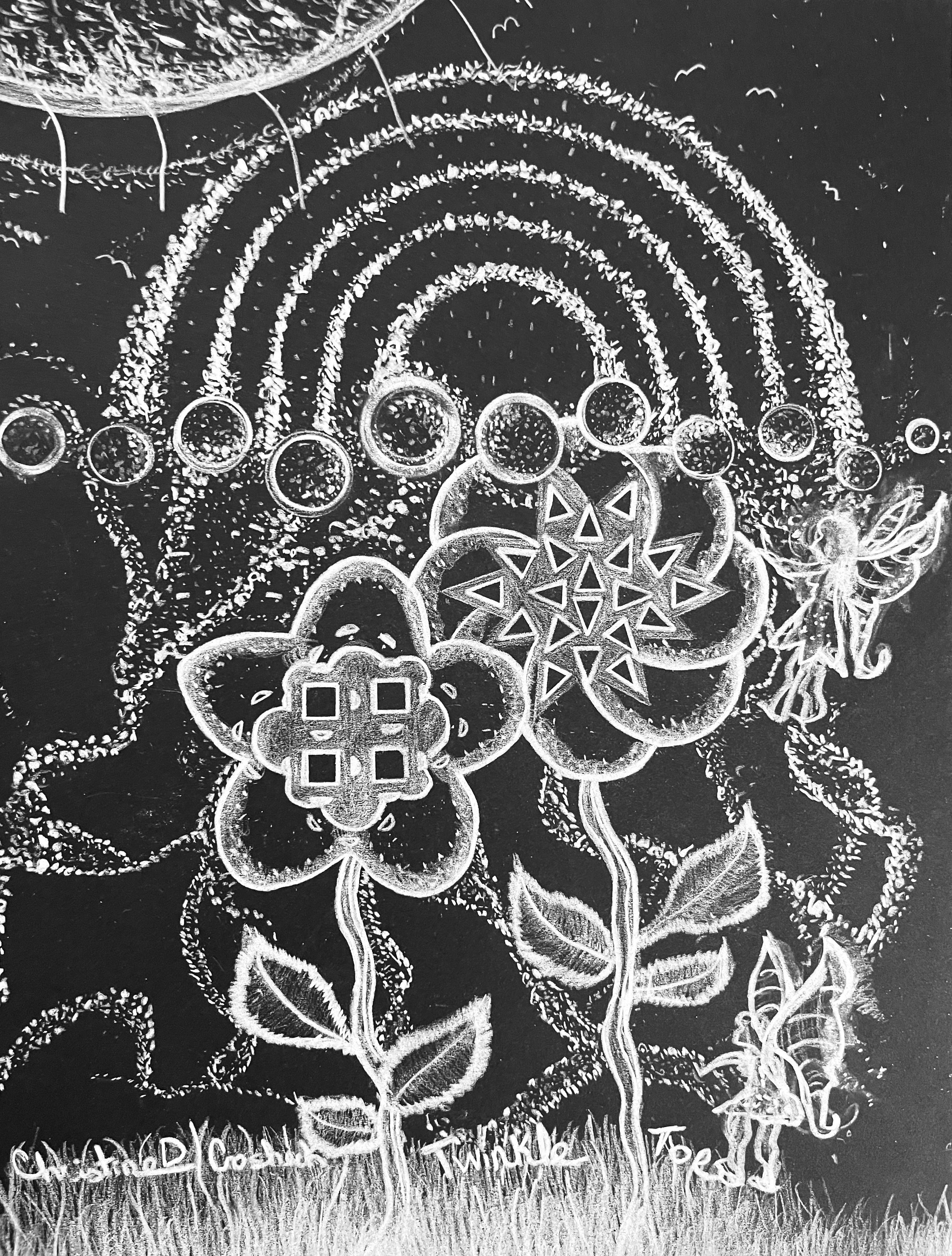Fantasy Art, Original Drawing, Title: Twinkle Toes, Colored Pencil on Black Paper, 9” by 12”
