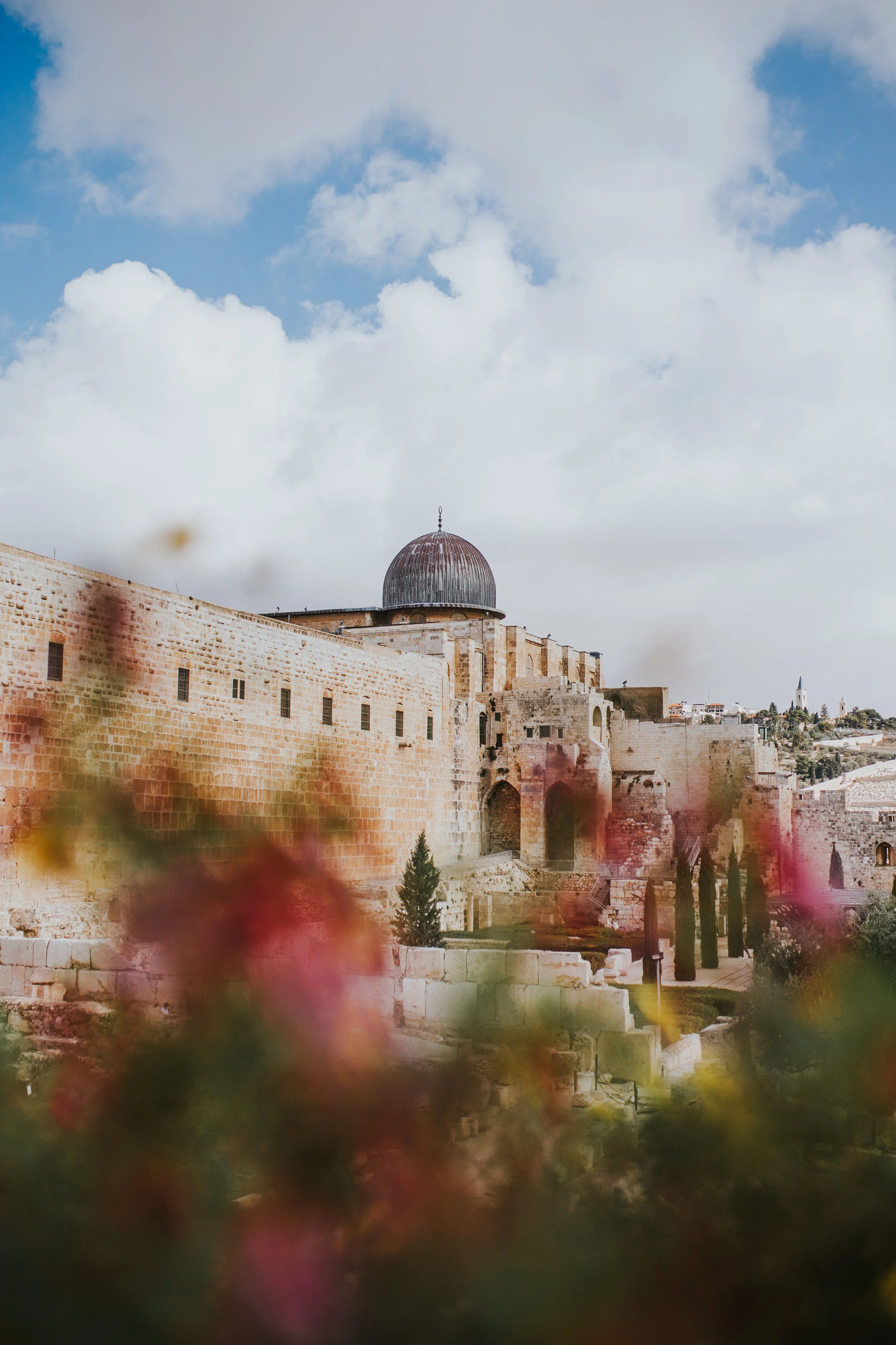 A historic stone fortress with a domed observatory, set against a cloudy sky with some clouds and blue patches, and colorful flowers in the foreground.