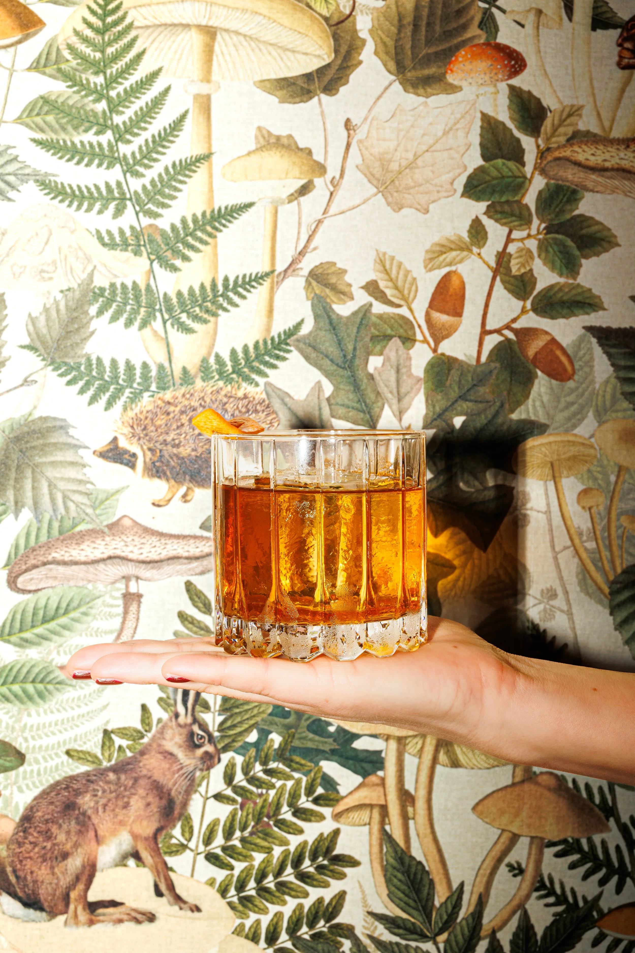 A hand holds a glass of whiskey with ice and an orange peel garnish, in front of a botanical wallpaper featuring leaves, mushrooms, a squirrel, and a hedgehog.