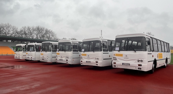 Six buses purchased by UCAP sit in Chernihiv.