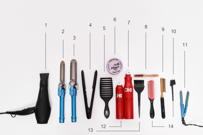 1- Rusk Engineering Speed Freak Blowdryer | 2 -BaByliss Pro Nano Titanium 1” Curling Iron | 3- BaByliss Pro Nano Titanium 1 ½ “ Curling Iron | 4- BaByliss Pro Nano Titanium 1” Straightening Iron | 5- Wet Brush Pro Flex Dry Paddle Brush | 6- Ebin New York 24-hr Edge Tamer (Extra Firm Hold) | 7- Chi Helmet Head Hairspray | 8- Annie Wooden Edge Brush (Cleaning Brush #2099) | 9- Annie Electric Straightening Comb | 10- Edge Control/Eyebrow Comb and Brush | 11- BaByliss Pro Nano Titanium ½“ Mini Straightening Iron | 12- Chi Shine Infusion Hair Shine Spray | 13- Tint Brush | 14- Denman Nylon Bristle Brush