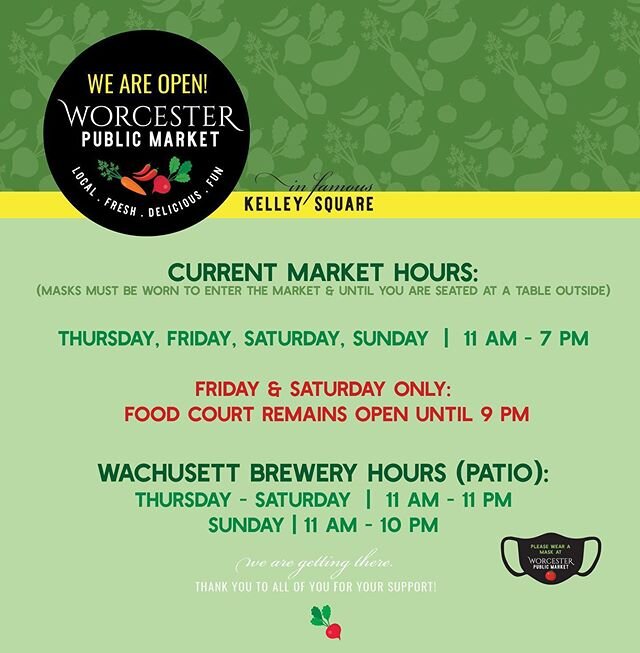 🚨 Attention! We will be open Thursday through Sunday 11 AM to 7 PM every day including Saturday until after the Fourth of July. We will begin opening on Tuesday the week after the Fourth of July. #woopublicmarket #publicmarket #worcesterma