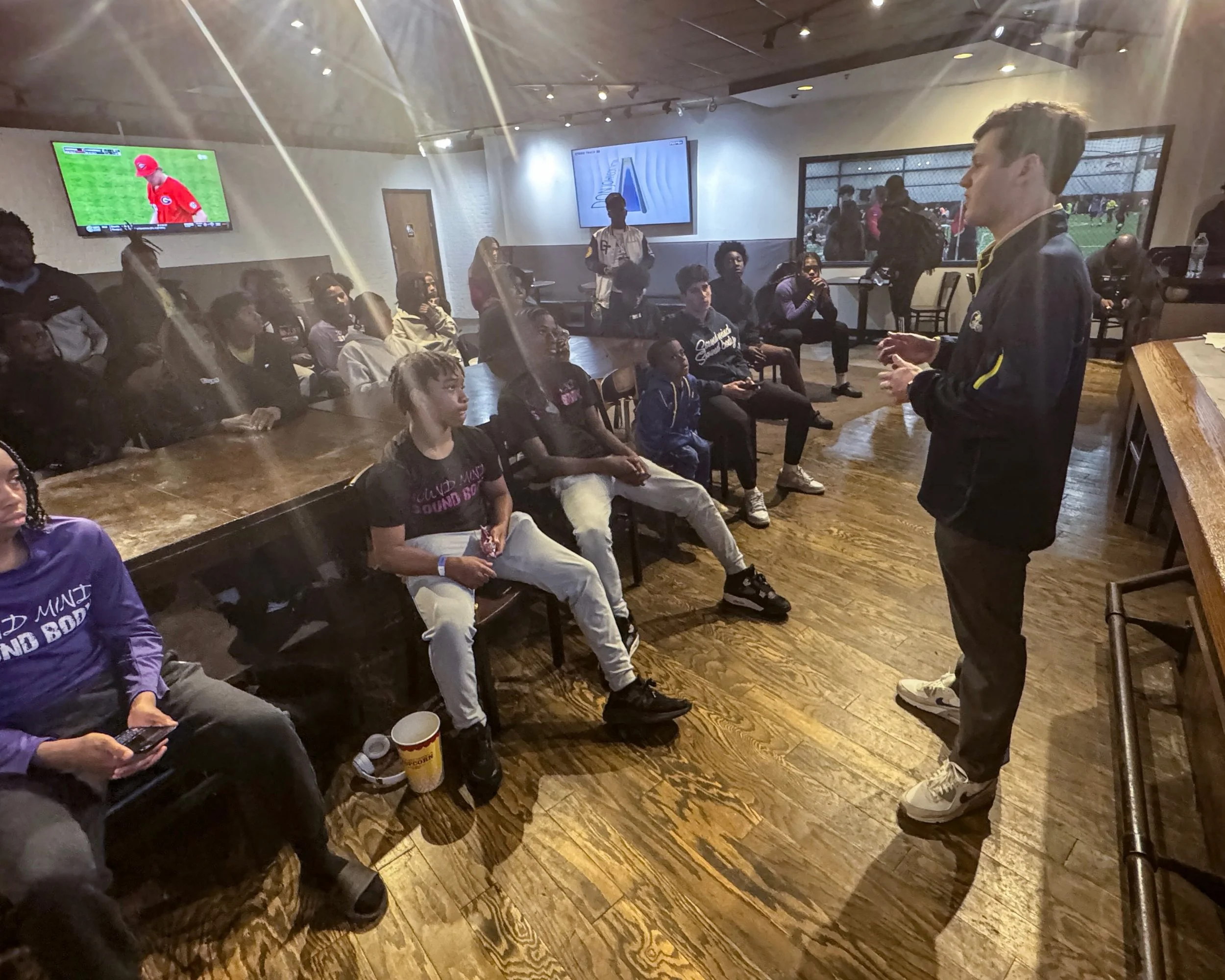 Aaron Lax educating the student-athletes of Sound Mind Sound Body  (Doug took this one with his iPhone - sorry about the glare)