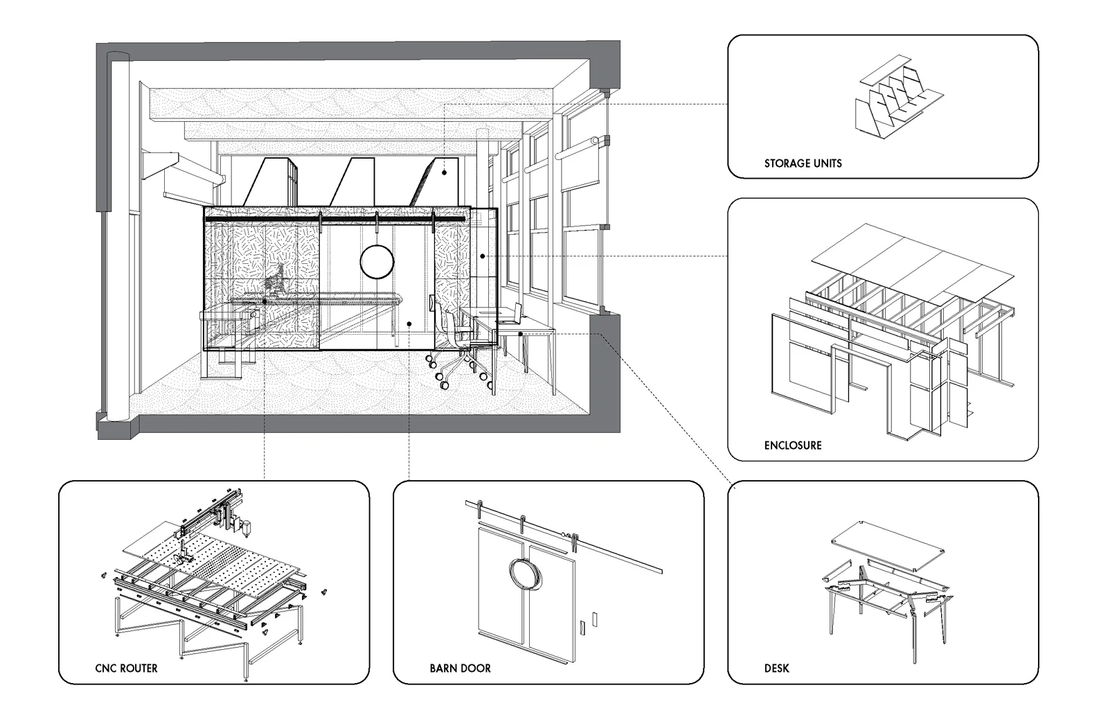 Section perspective diagram with exploded axos of the room components