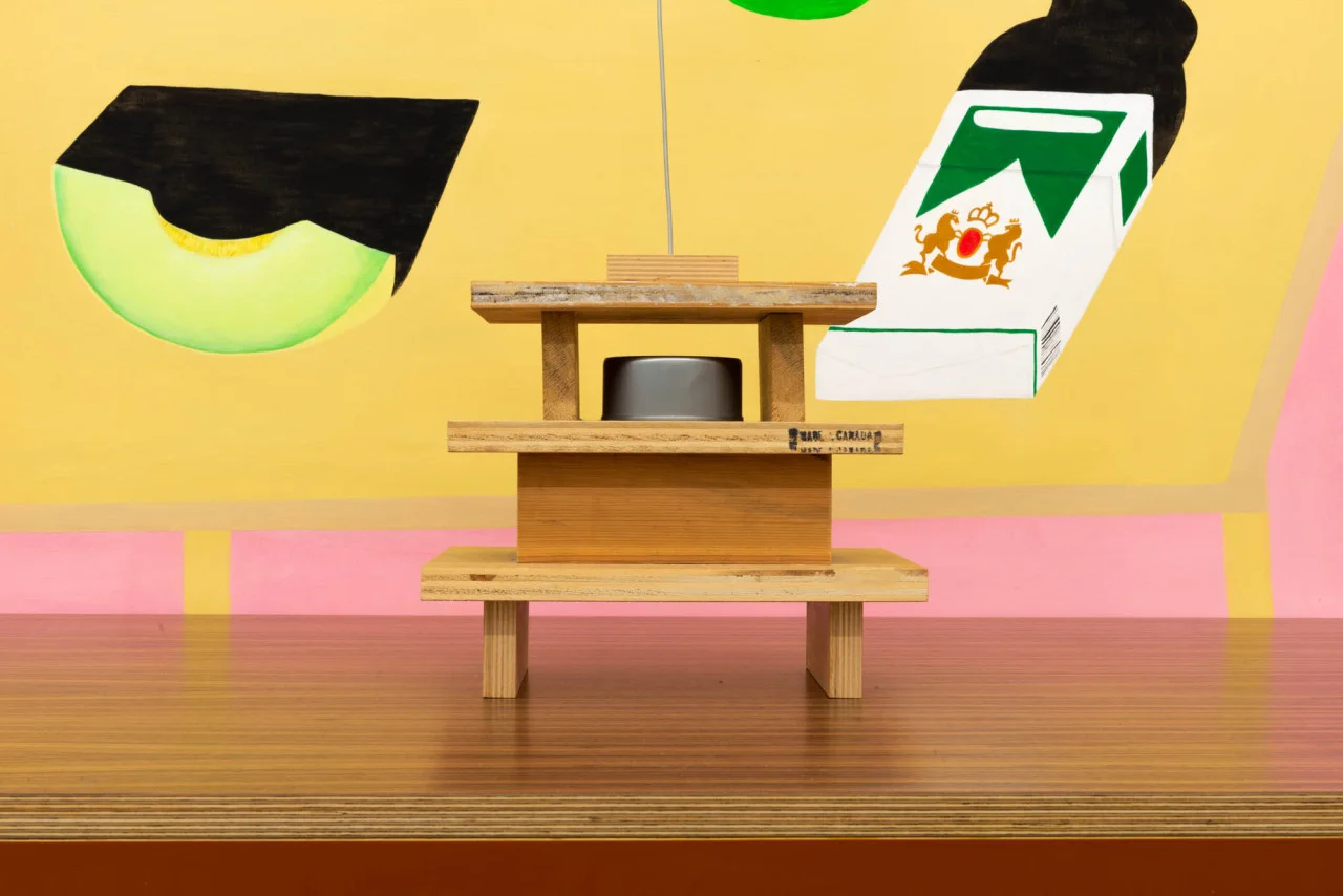 Miduny, MiMi table , Canaletto walnut, furniture grade birch plywood and orange paint; B. Wurtz, Untitled , wood, can, shell, wire; Crys Yin, Melon Soap Menthol Pack, Everything is Exactly the Same , Acrylic on Paper.