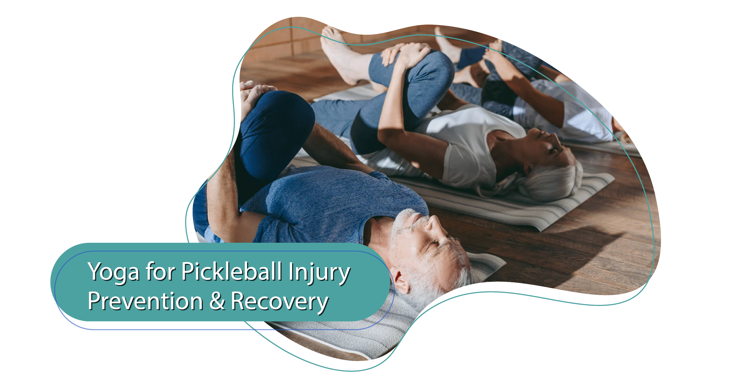 Senior men and women lying on yoga mats in a deep hip stretch.