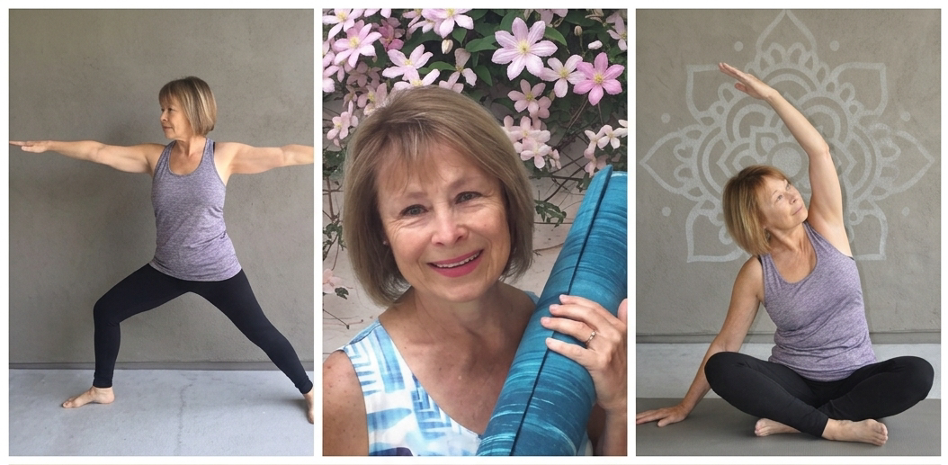 Three pictures of yoga teacher Cathy Cassetta.