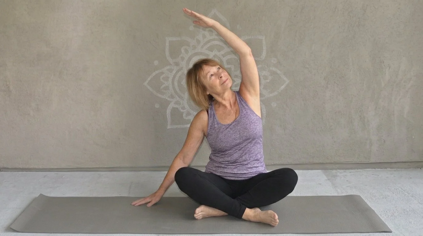Picture of Cathy Cassetta seated on a yoga mat performing a gentle side stretch.