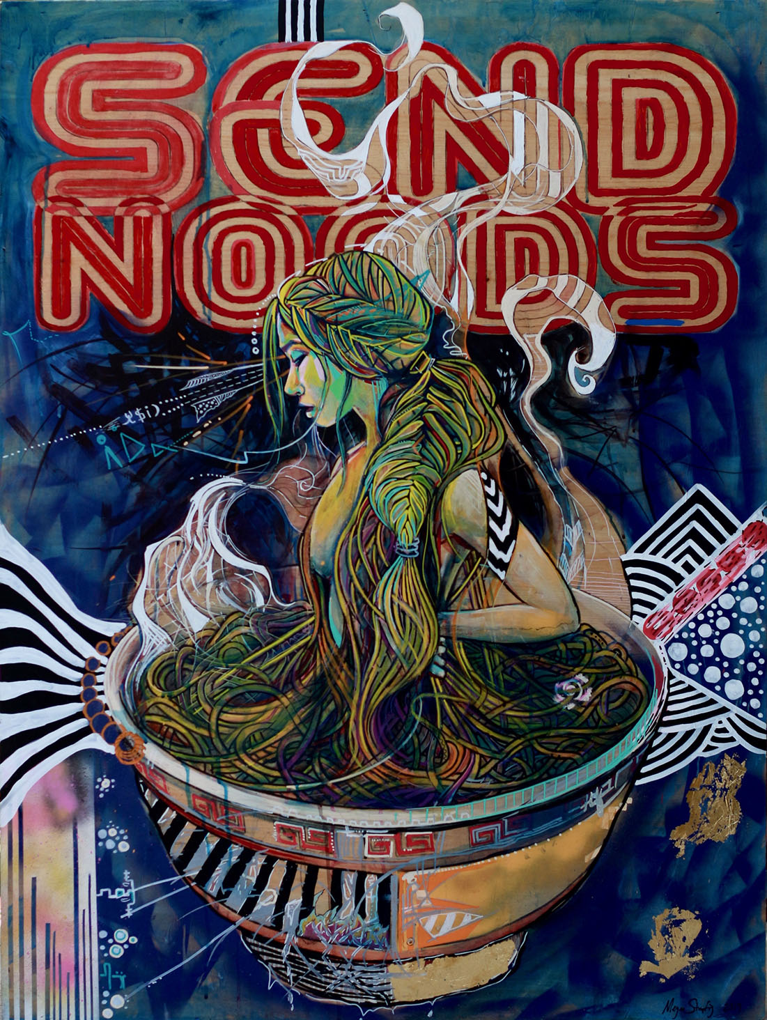 SEND NOODS 38”x48” Acrylic and Posca paint pens on wood panel Painted at Lightning in a Bottle Festival, May 2019 SOLD