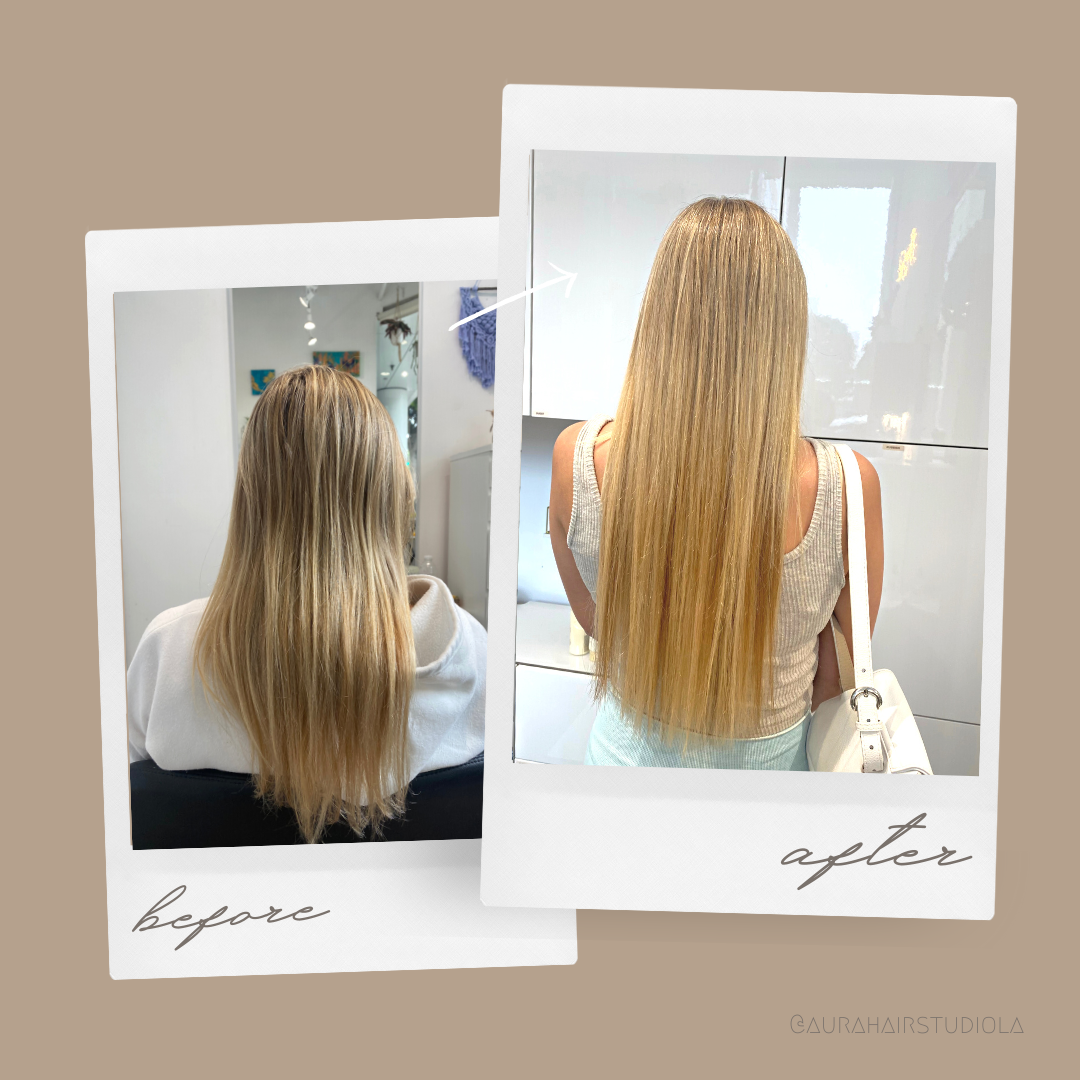 Hair extensions before and after at Aiya Hair Salon, Santa Monica CA