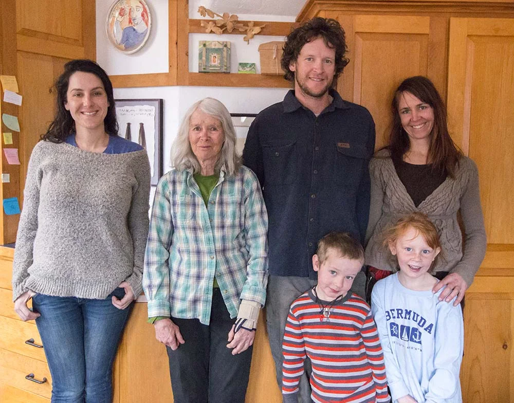 From left to right, Lizzie Tilles, Liza Clarke, Tyler Ferguson, Ana Worswick, Tyler's daughter and Ana's son at their home in Ridgway, Colorado. “I feel very fortunate to have my family living right here on this ranch. I couldn’t do this without them,” says Liza.