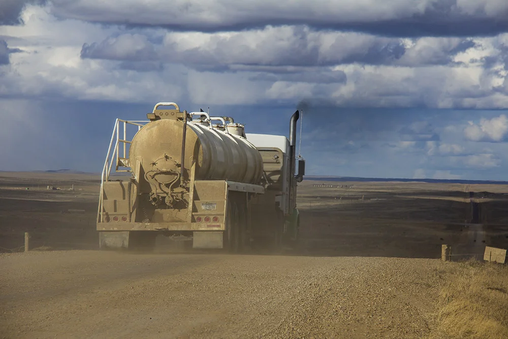   A water tanker heads to a fracking site near the Turnercrest Ranch.  