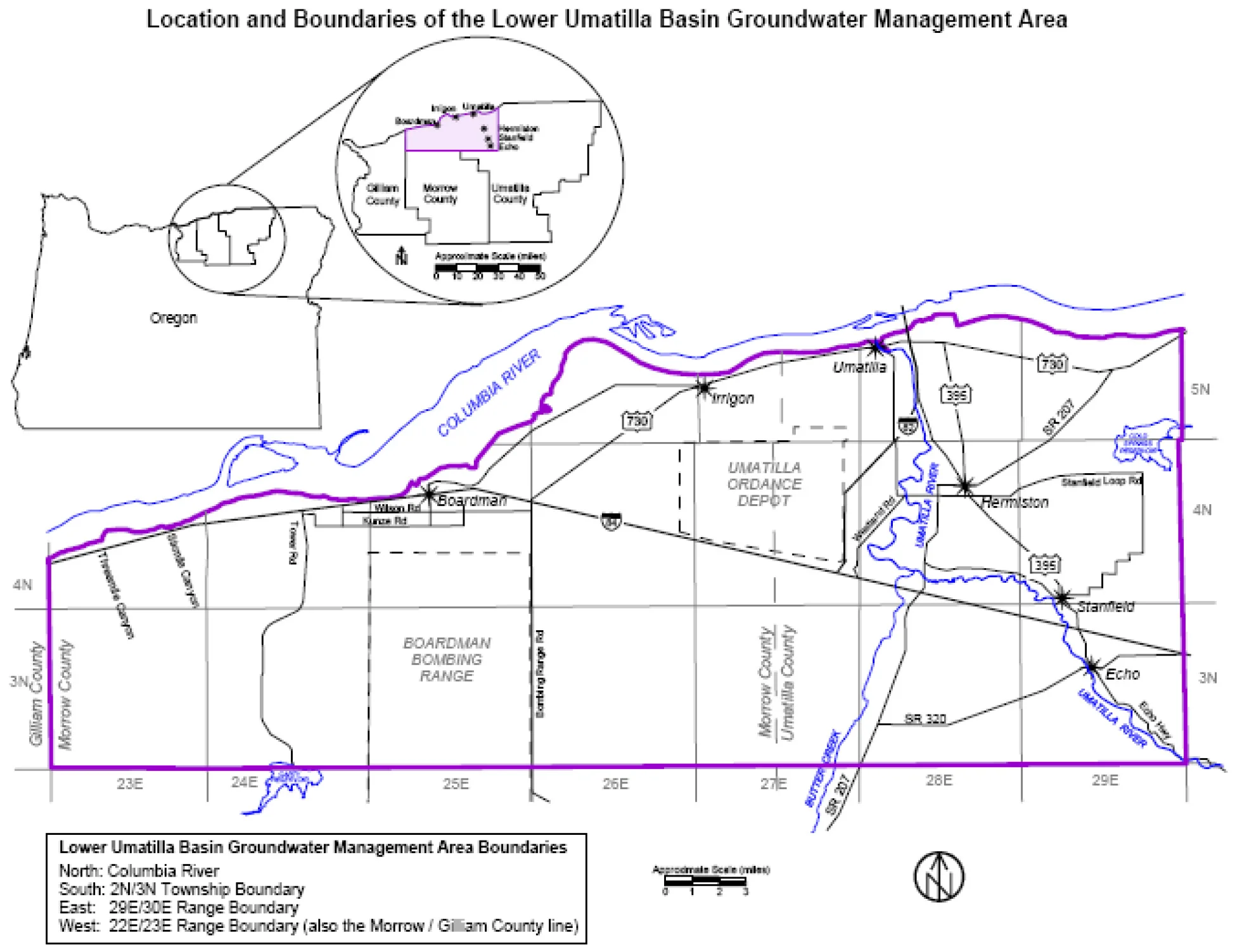   The Lower Umatilla Basin Groundwater Management Area Boundary designated by DEQ. Map and image courtesy of Oregon.gov  
