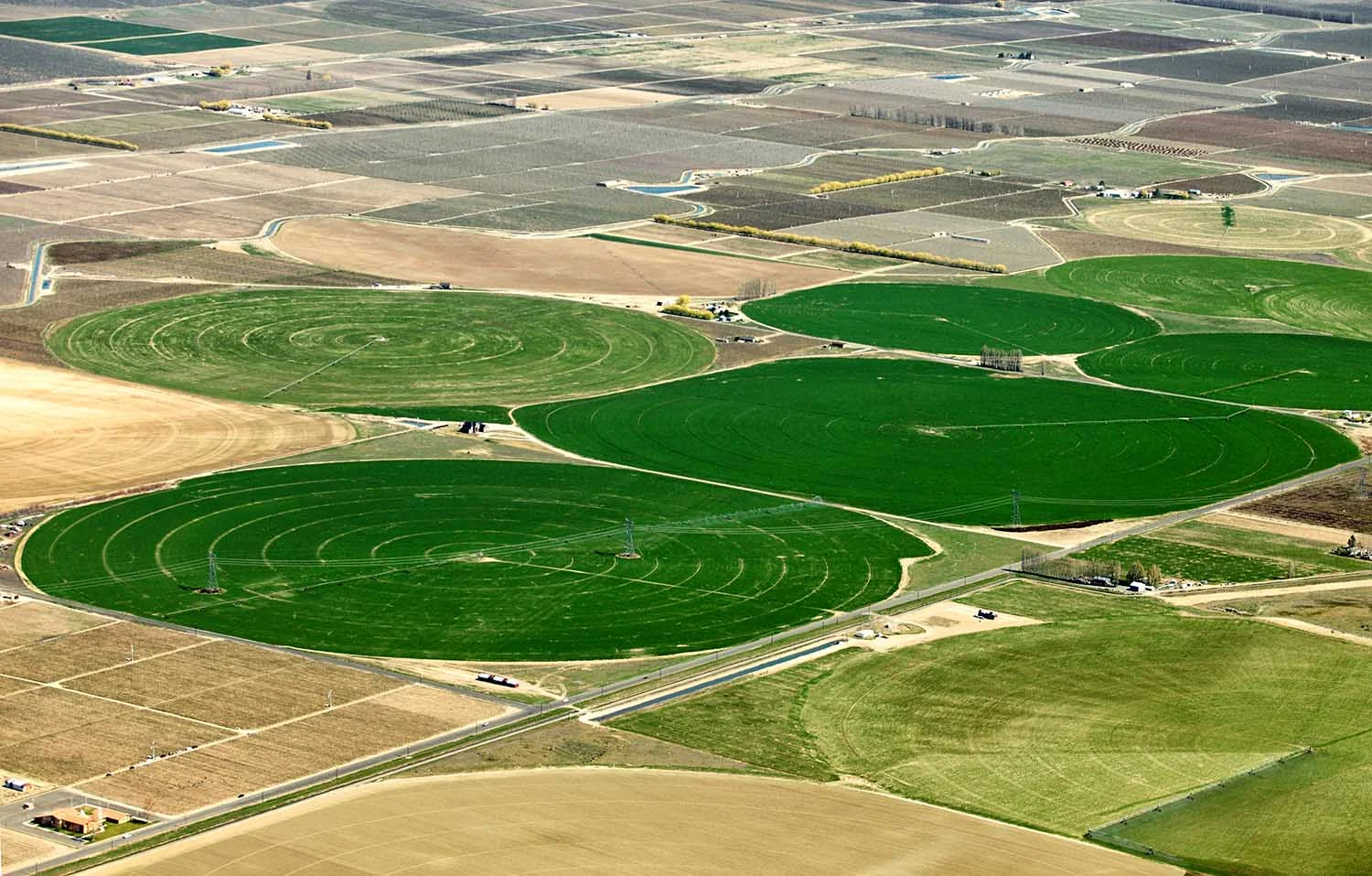 Irrigated pastures among dry soils.