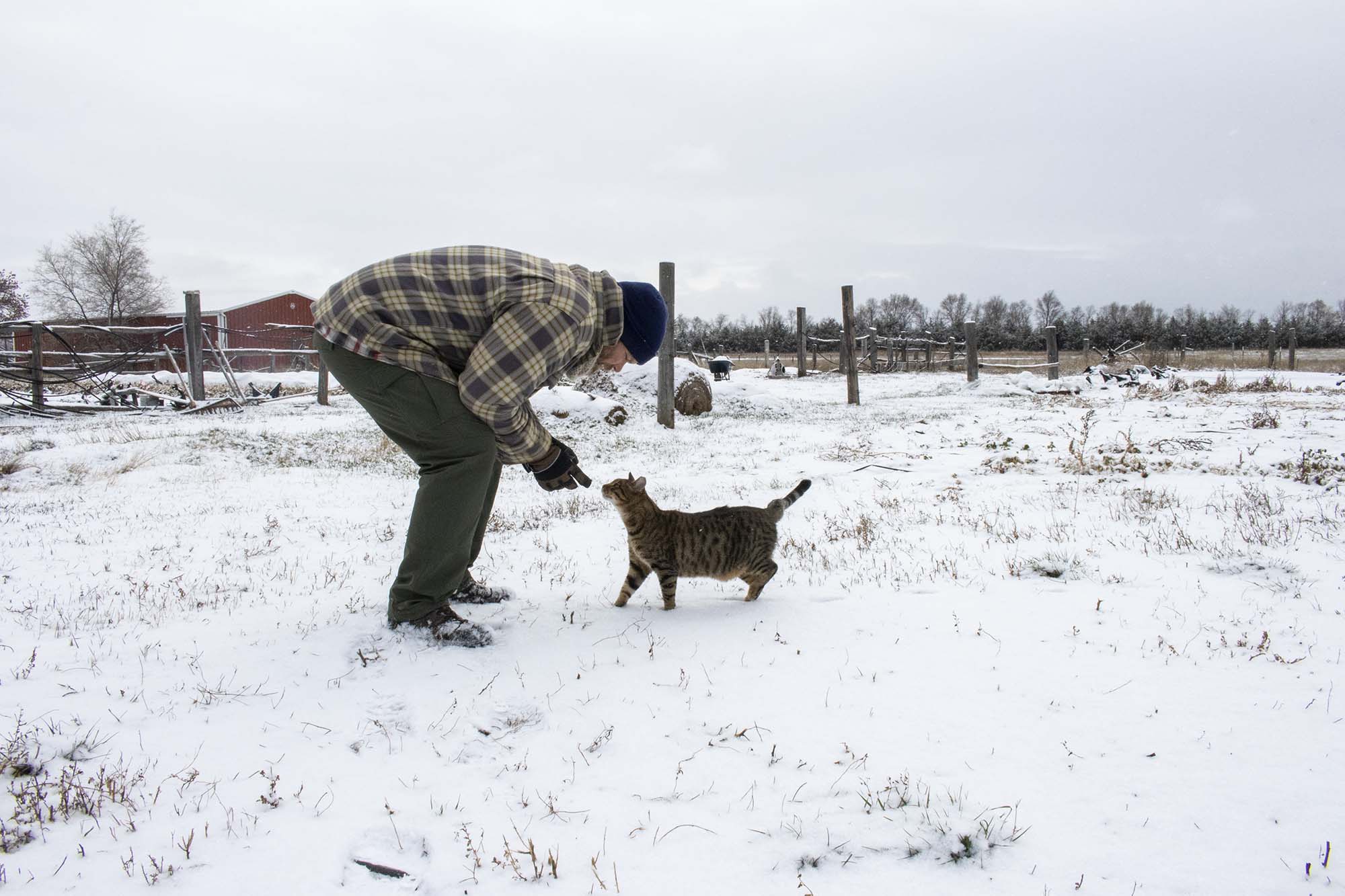 Matt Geraets and farm cat Gerald at B&G Produce, 20 miles east of Pierre, South Dakota.