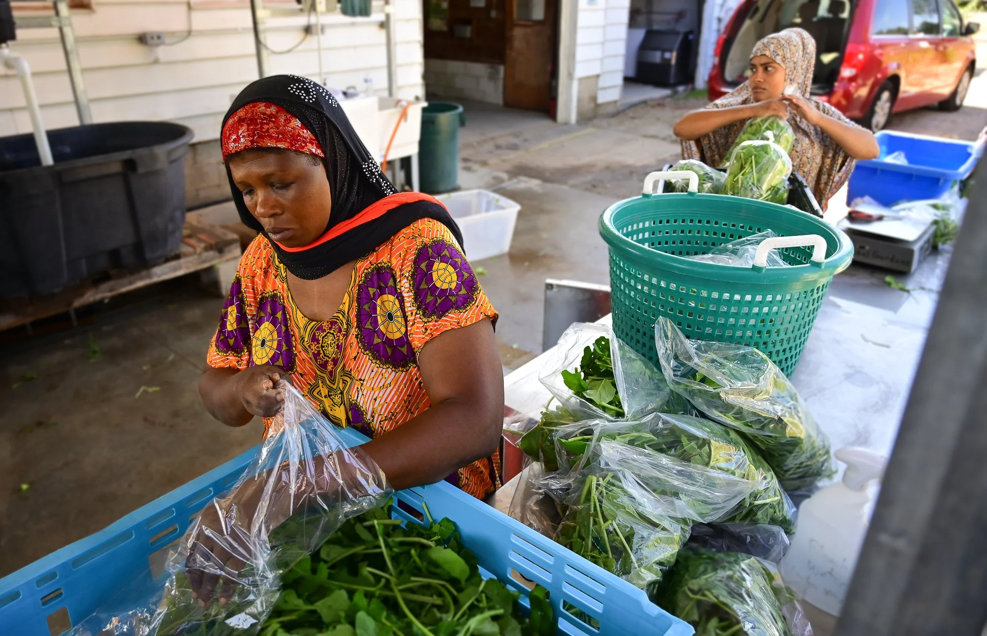    Sarbah Bi and Khadija Mberwa  package produce for the upcoming farmers market.    