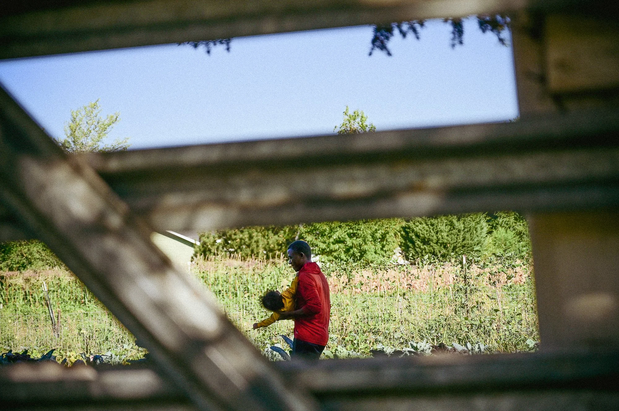    Abdikadir Chimwaga carries his child through the farm fields.    