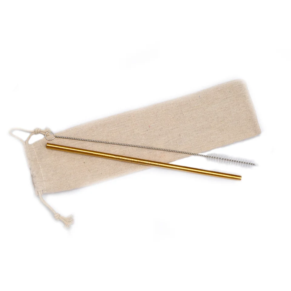 Gold Metal Straw with linen jute and cleaner