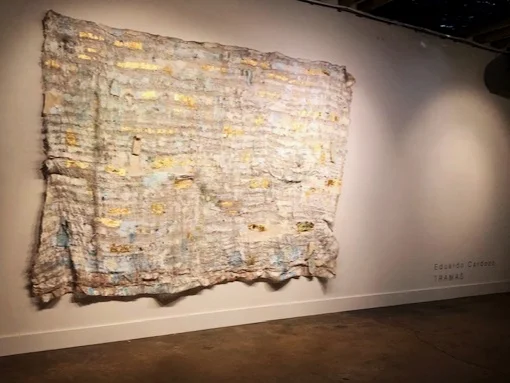 Burlap tapestry that hung behind the episode interview “Tramas” by Eduardo Cardozo