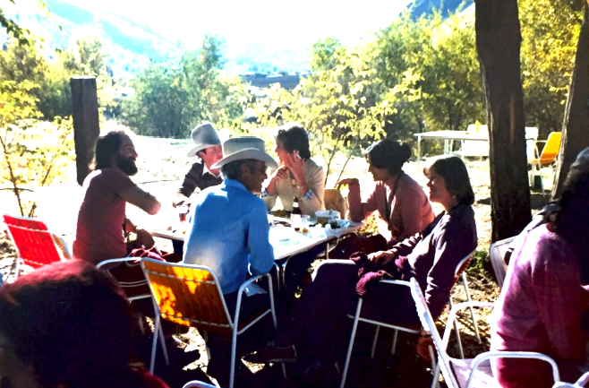 Break time at Rajneeshpuram. Krishna Deva at left; Sheela and Ma Prem Arup at the right.