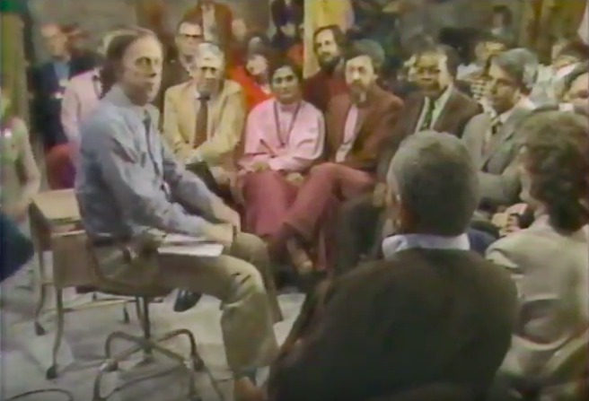 Town Hall Filming, May 1982. From Left: Host Jack Faust, Rajneeshees’ Lobbyist Bob Davis, Ma anand Sheela, Jayananda, Federal Mediator John Mathis, Antelope City Attorney Keith Mabely.