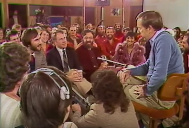Town Hall Filming, November 1982. Jayananda and Sheela at right.