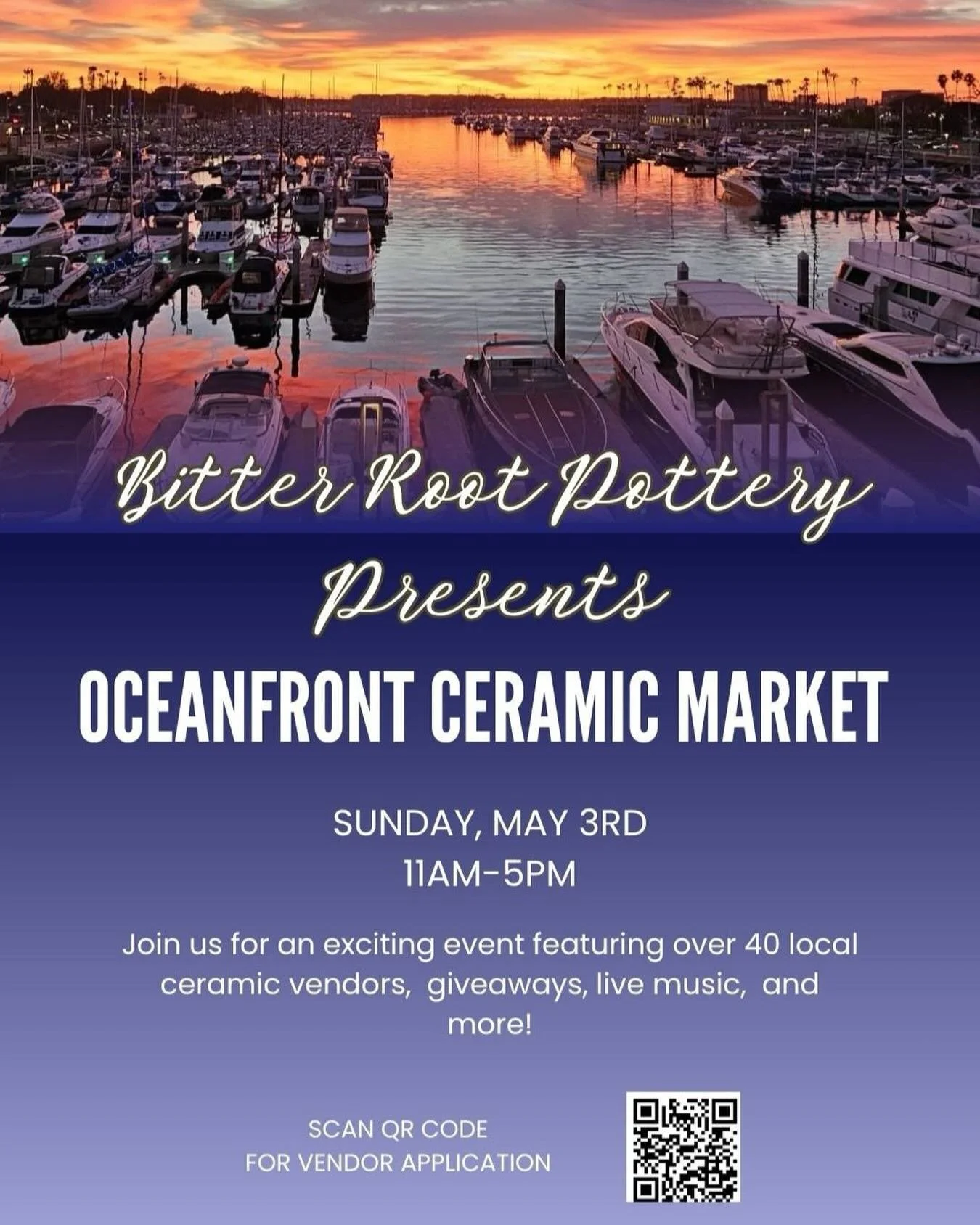 ✨Oceanfront Ceramic Market✨
Join us for a vibrant event featuring over 40 local ceramic vendors, giveaways, live music, and much more! Bitter Root Pottery is excited to announce a market event at our Marina del Rey location, and we&rsquo;re extending