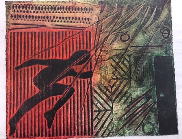 Collagraph by Loretta Kramer
Collagraphy is a very open printmaking method. Ink may be applied to the upper surfaces of the plate with a brayer for a relief print, or ink may be applied to the entire board and then removed from the upper surface for 