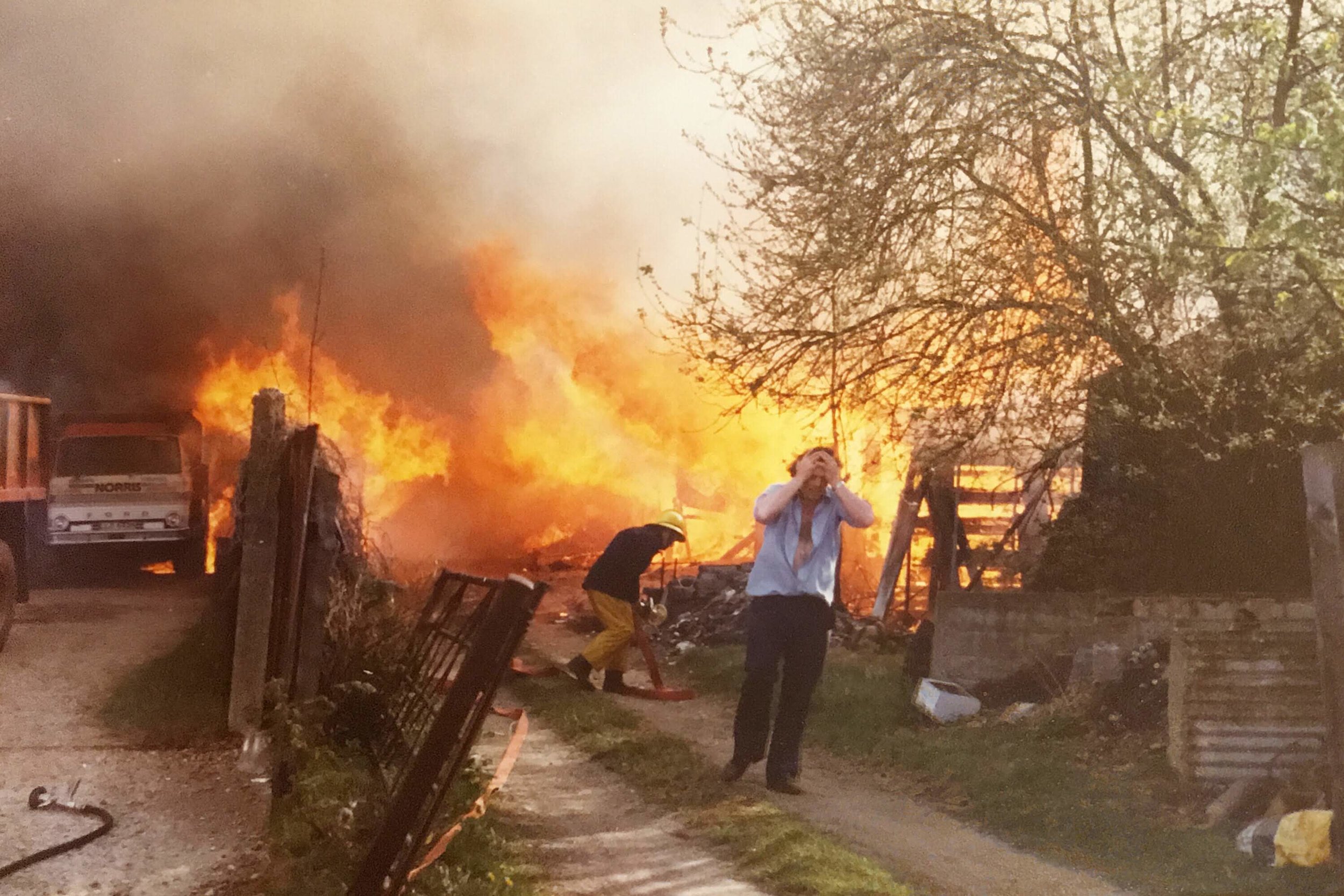 The huge fire burned everything in the yard including lorries and cars