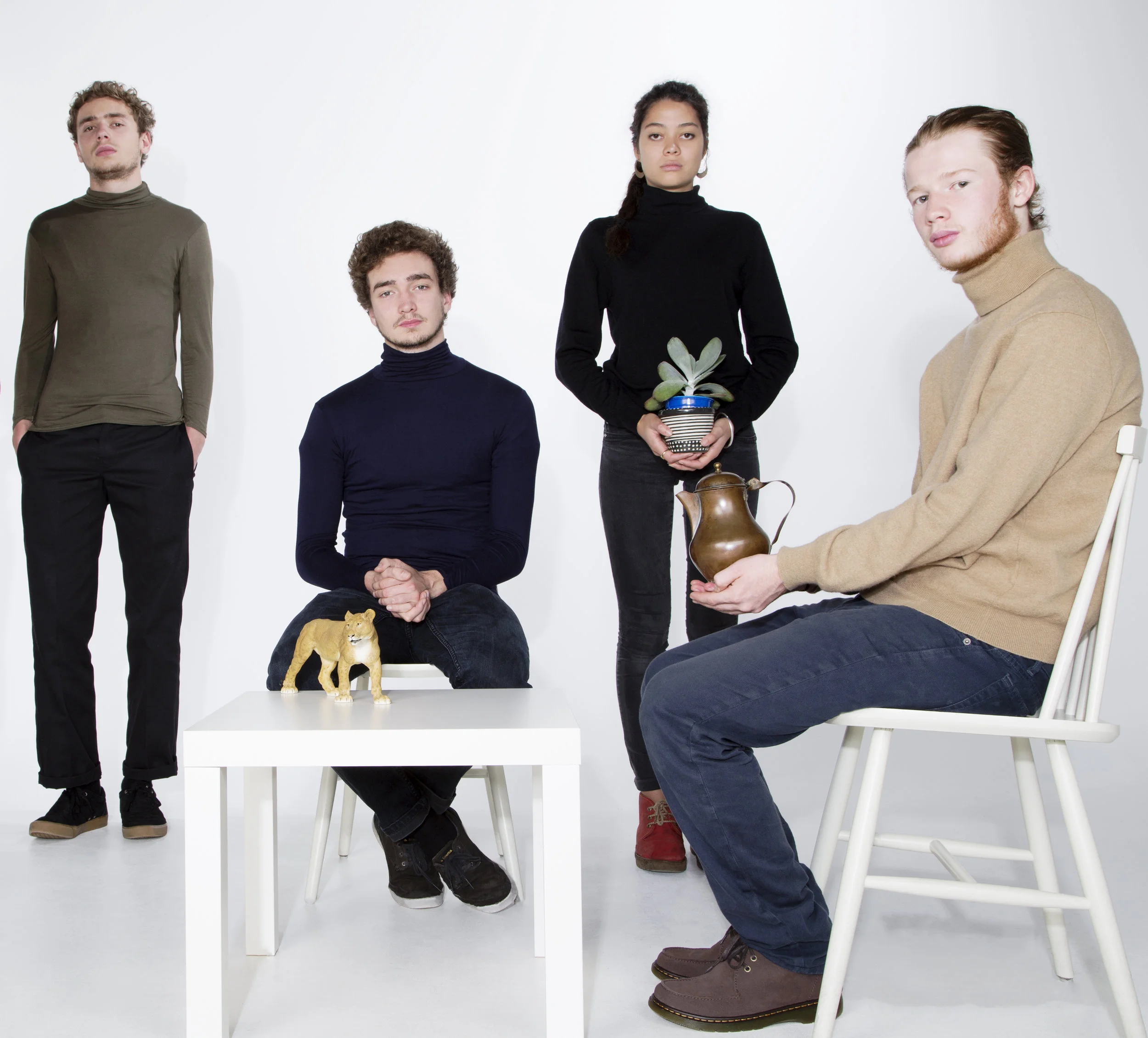 Turtleneck fashion with illustrator Oscar Mitchell, photographer Ashley Bourne and artists Tanya Cruz and Finbar Conran, Falmouth, UK