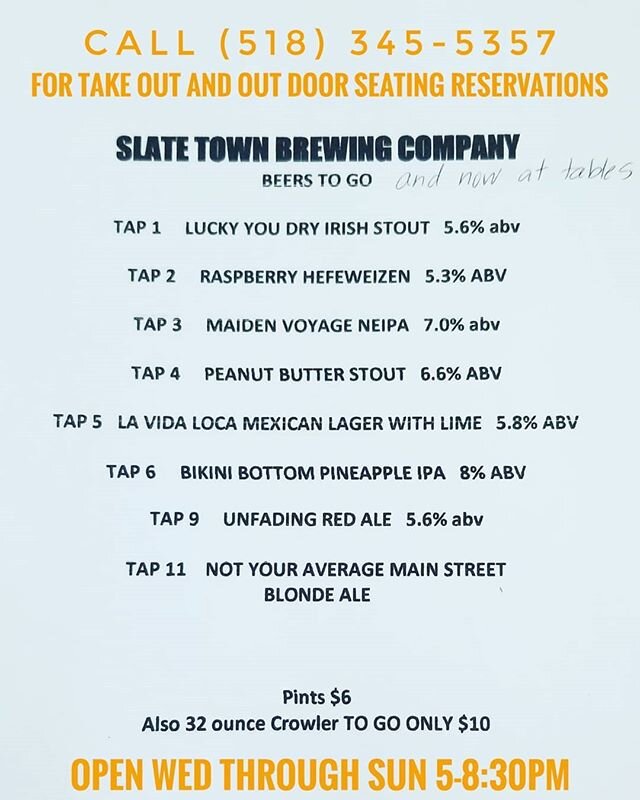 Open for Take Out AND limited Outdoor Seating. Call ahead or email susan@slatetownbrewing.com for a table reservation!
(518) 345-5357. Open Wed - Sun 5-8:30pm 🙂

#CRAFTBEER 
#sippingonmainstreet
#beerstagramofficial 
#outdoordrinking