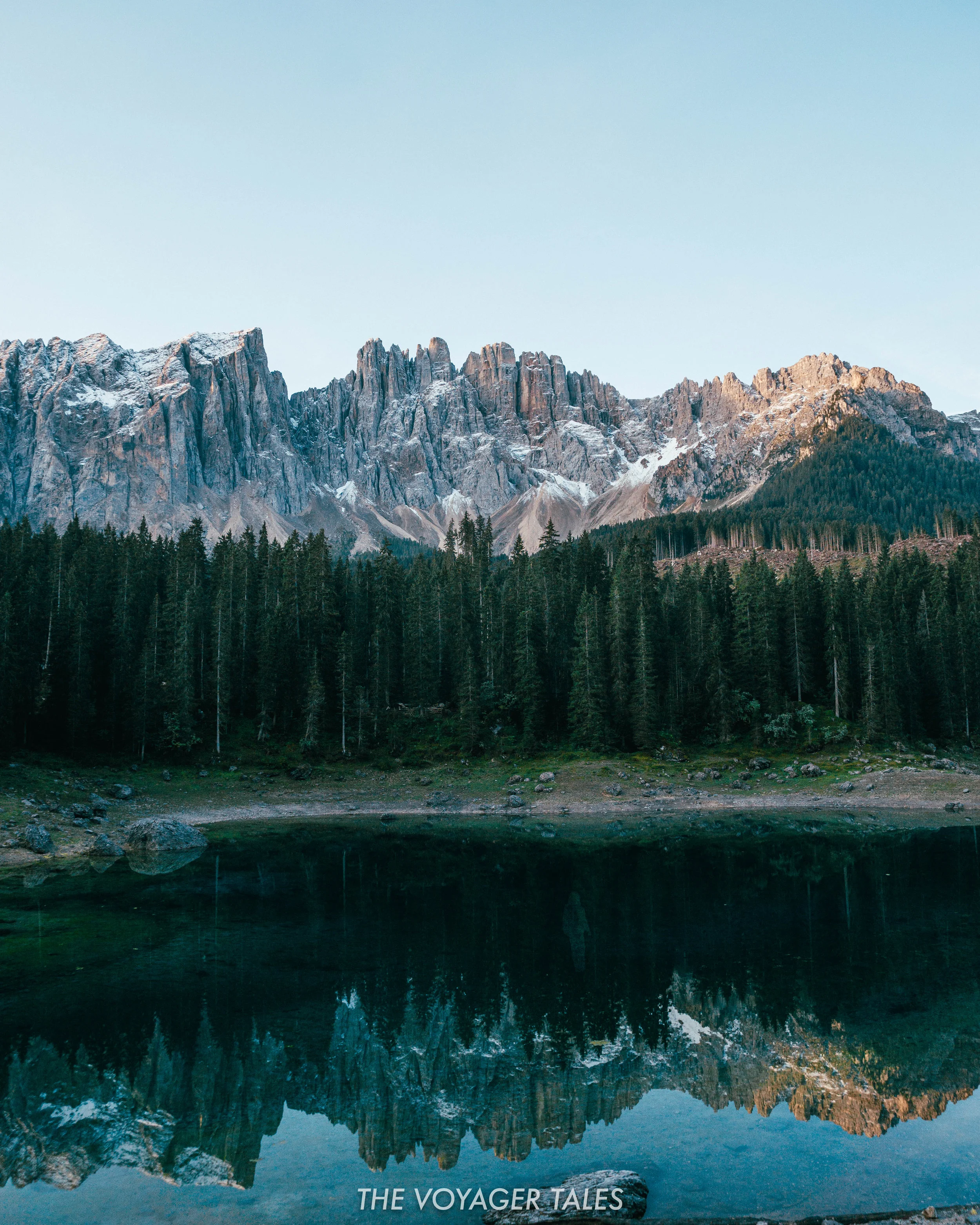 Lago di Carezza with the Dolomites in the background