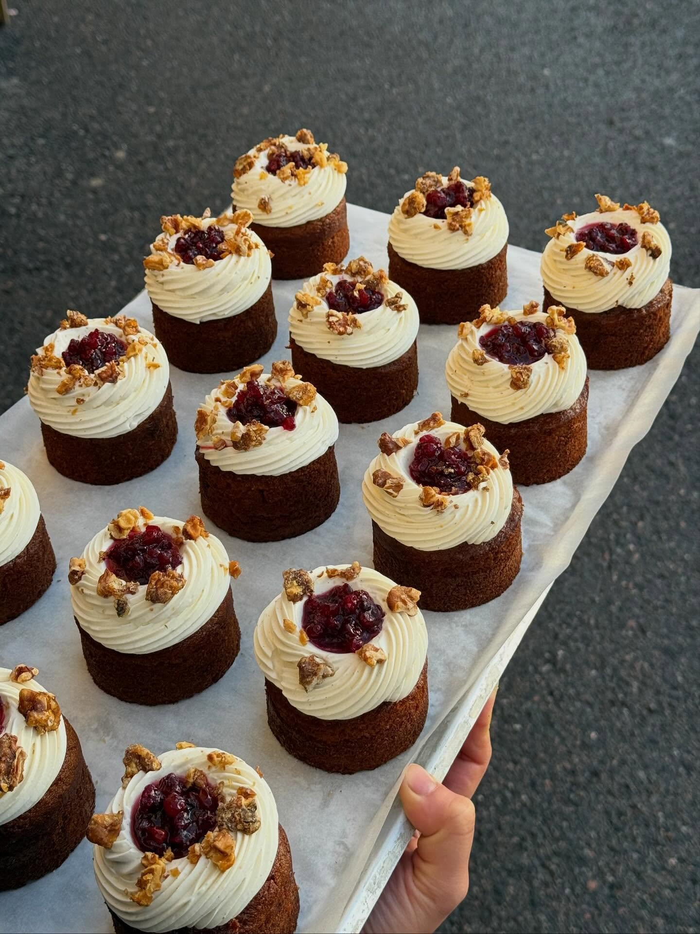 Sweet potato, lingonberry &amp; walnuts. 

Subtly sweet and generously spiced cake, a swirl of creamy frosting, spoonful of lingonberries for a pop of brightness and a sprinkle of toasted walnuts for crunch. 

#way #helsinki