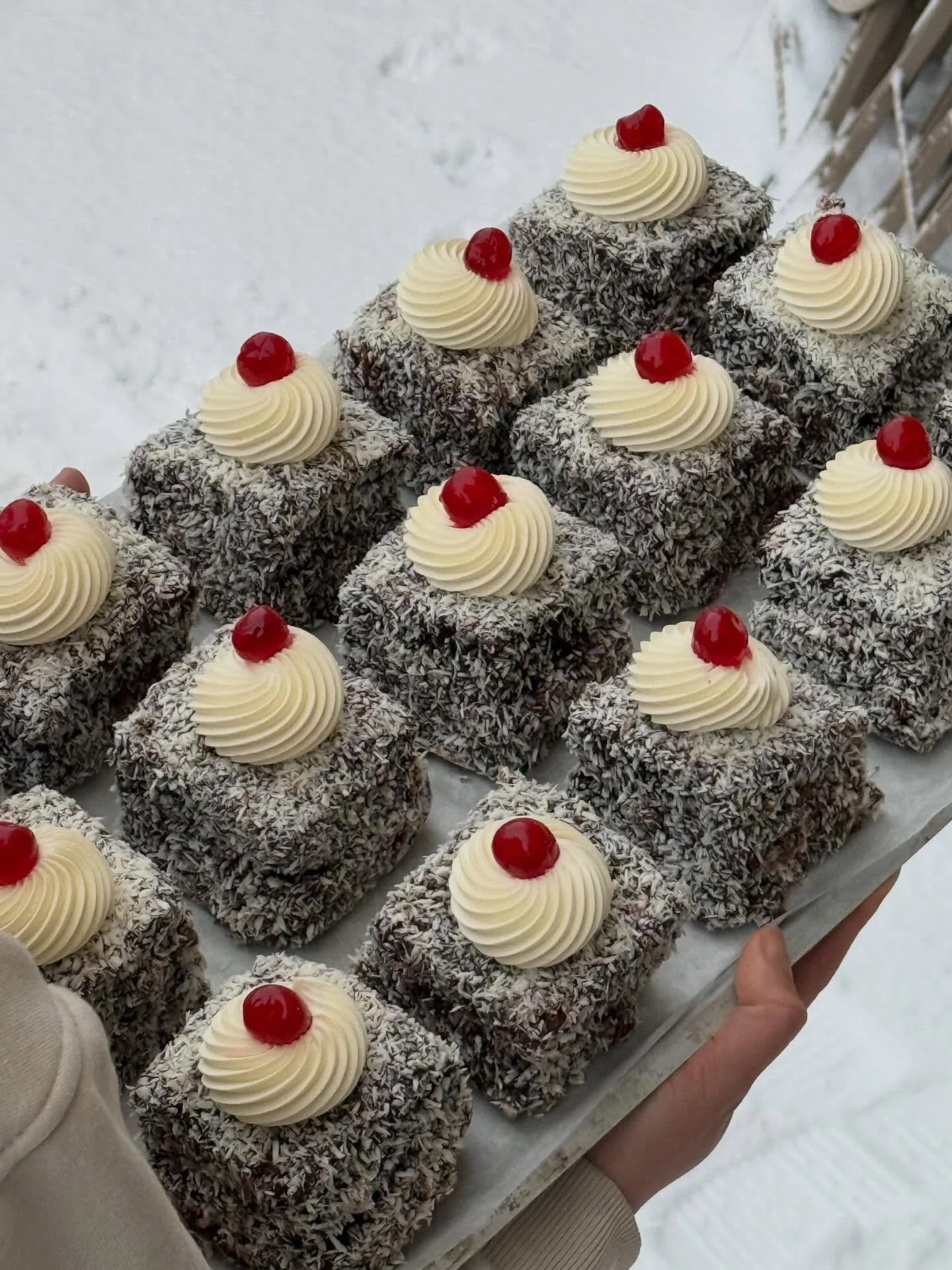 Mizuki made Lamingtons for the weekend! Fluffy vanilla cake, filled with raspberry jam and dunked in chocolate, yumm. Hitting the counter now, pop in to get yours. 

#way #helsinki