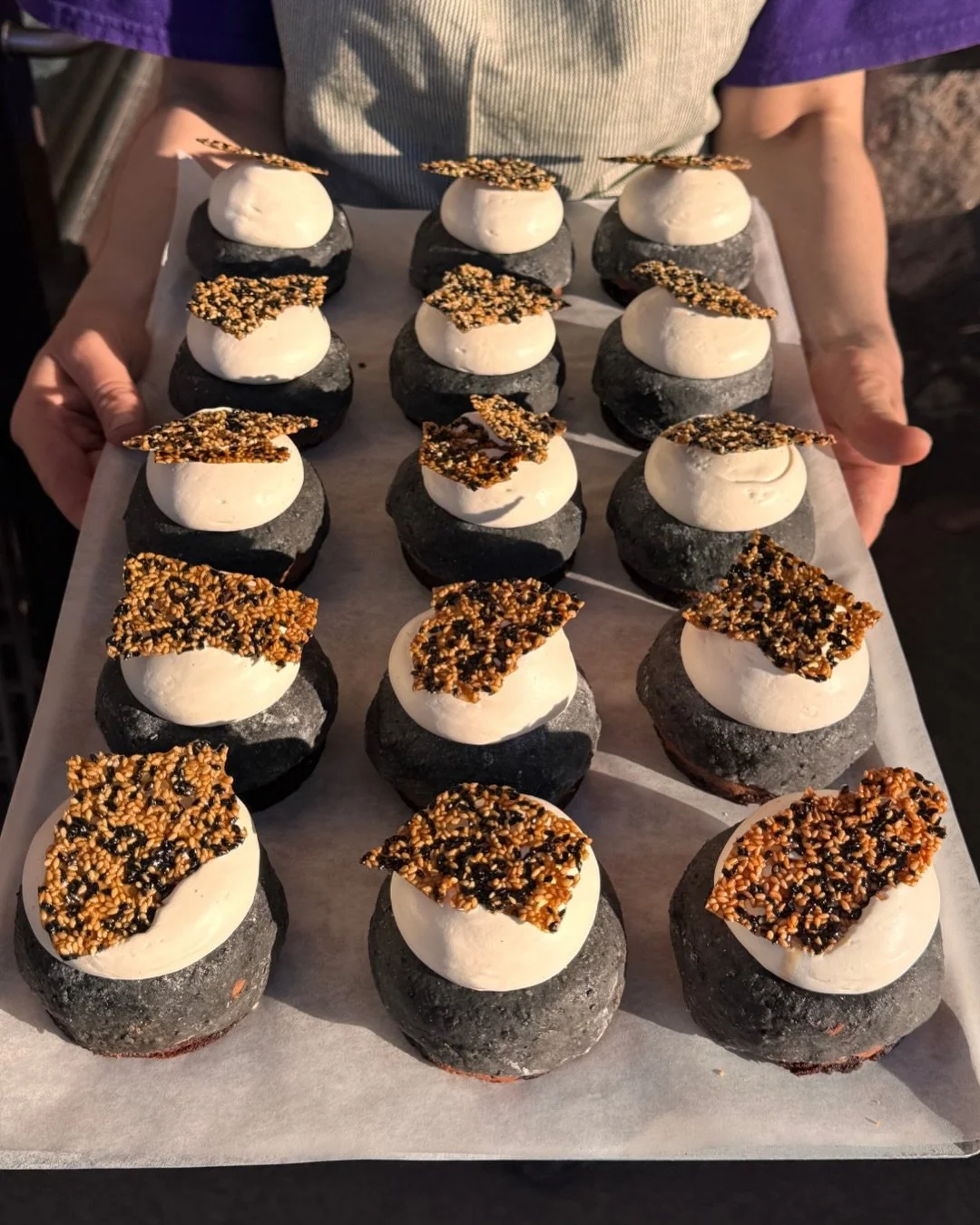 No better treat for ringing in the spring! Chocolate mousse cake underneath, black sesame mochi on top &amp; cloud of mascarpone to finish :)

On the counter now and for the next two days. 

See you 🌸🌸🌸

#way #helsinki