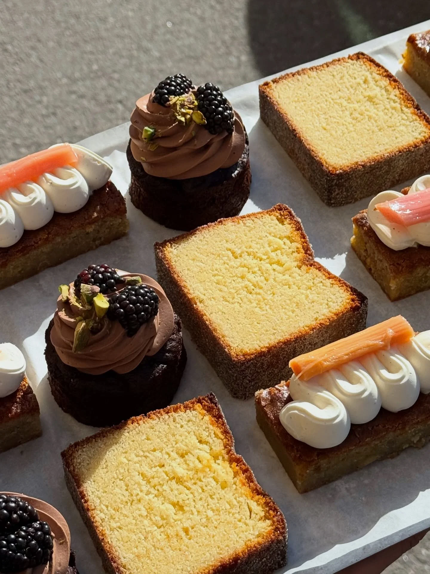 Spring is for the whimsy! April lineup featuring some luscious chocolate cake, bountiful slices of almond lemon loaf and yummy pistachio rhubarb slices. 

#way #helsinki