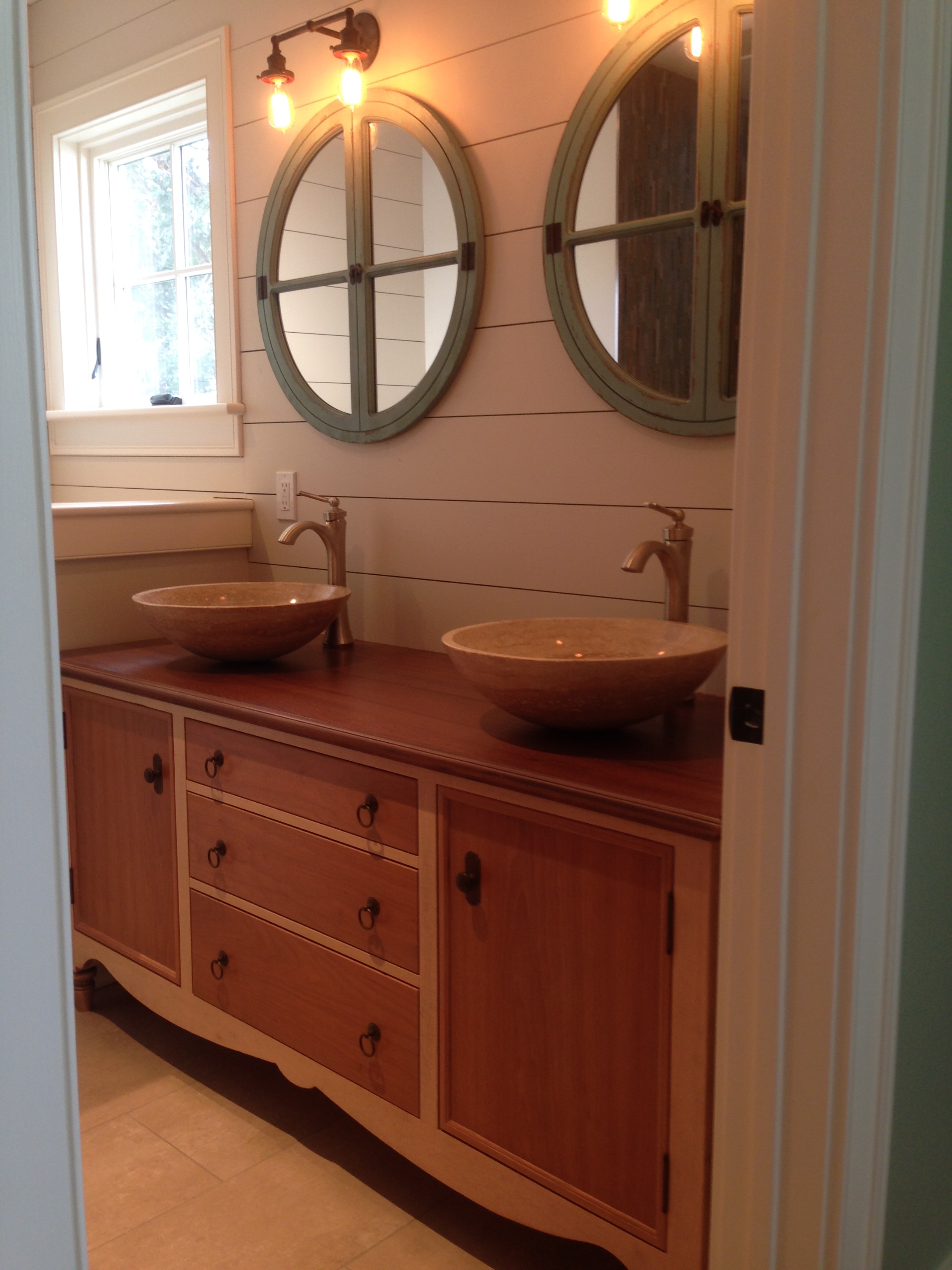 Master Bath Vanity of Maple and Cherry, with Mahogany Top, and Travertine Vessel Sinks 1.jpg