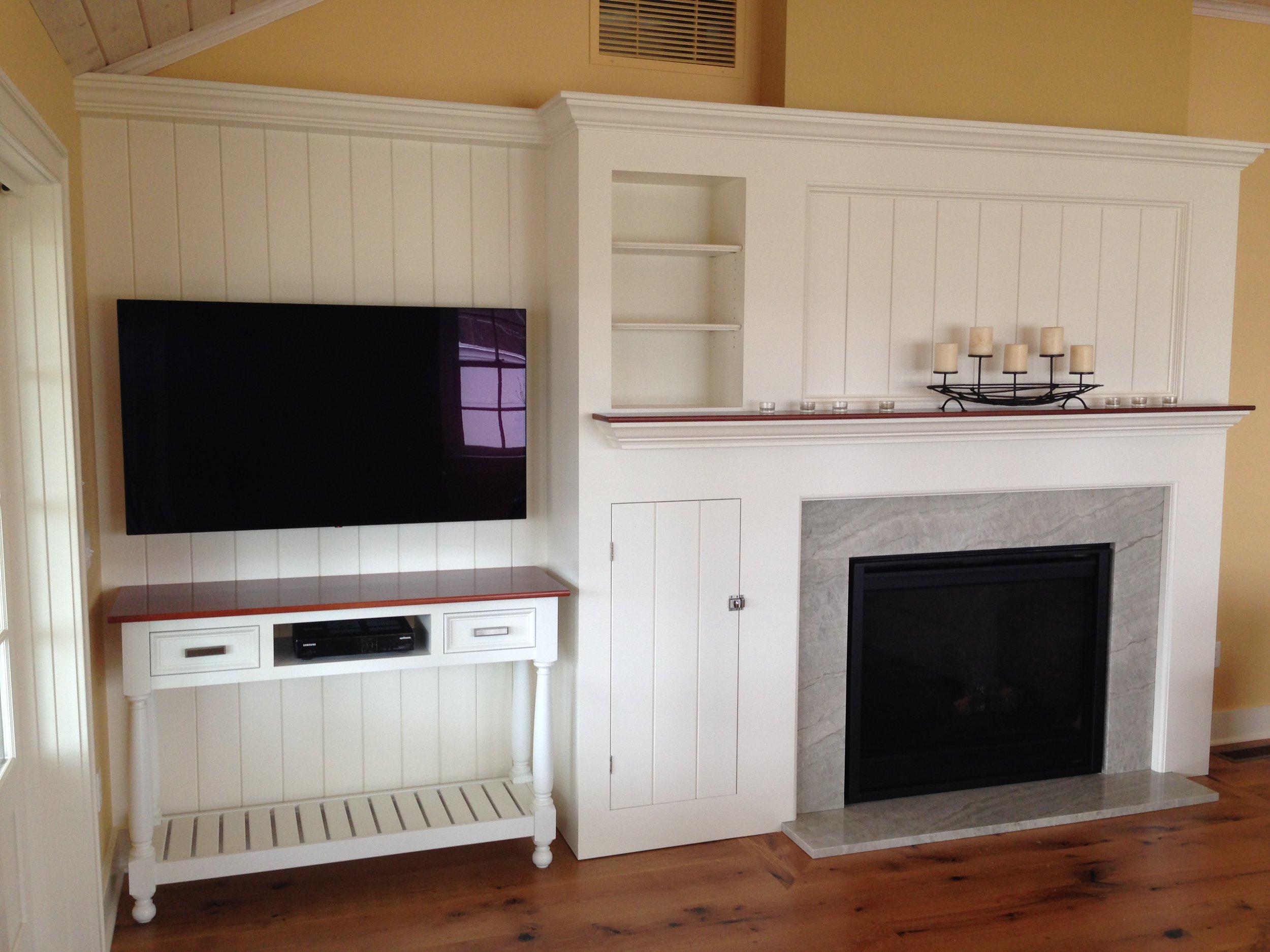 Cottage Fireplace with Cherry Mantel, and TV Console 1.jpg