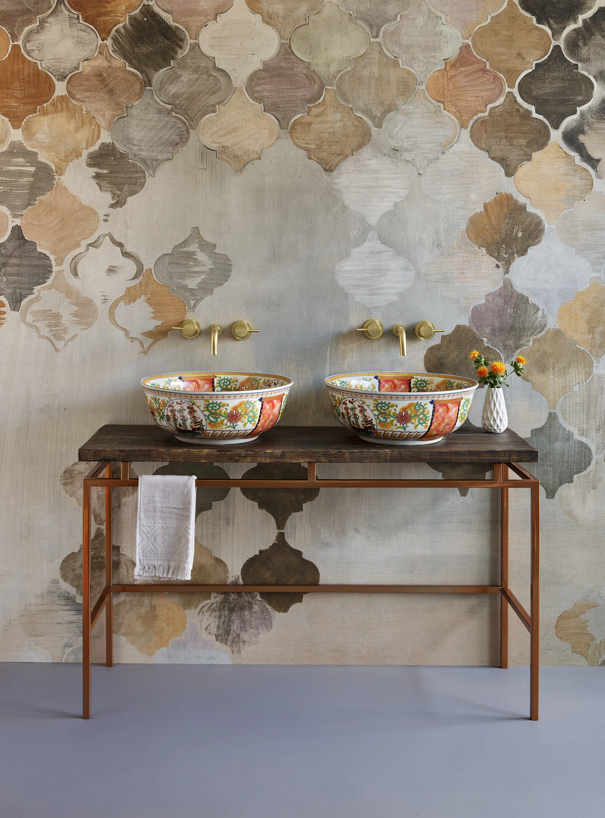 Copper finish + Dark stained reclaimed wood surface