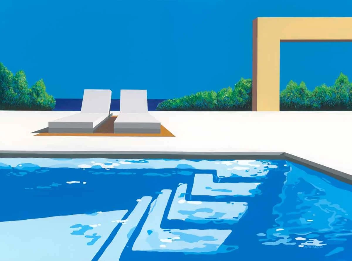 Fine art original for sale - acrylic painting on canvas of poolside view