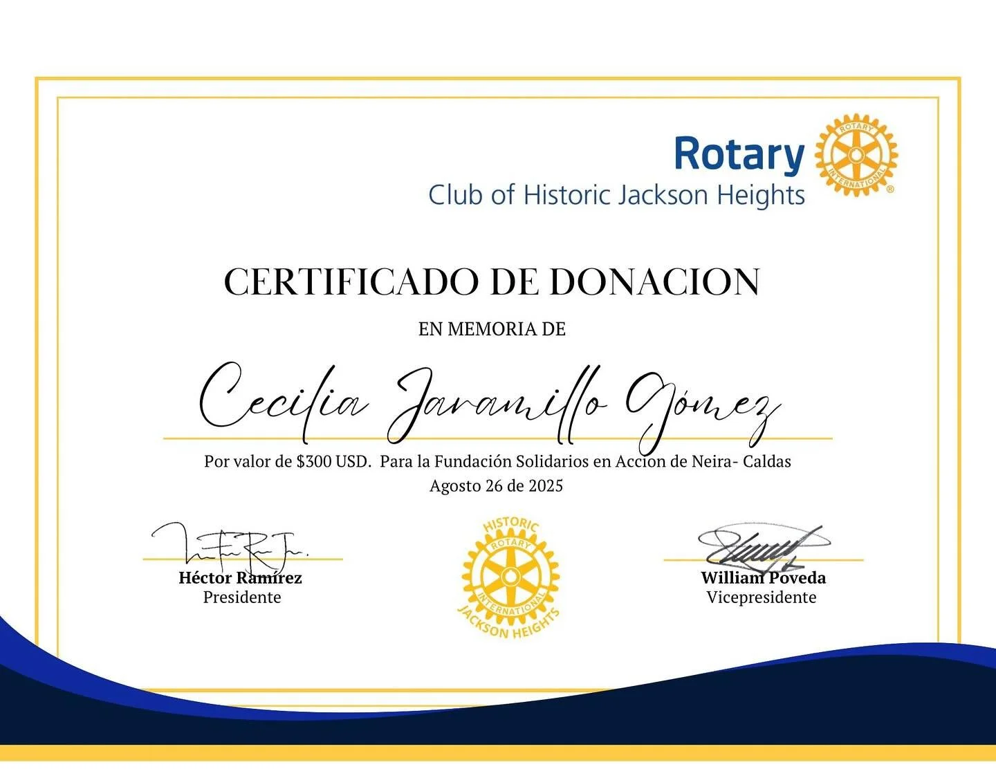✨🌸 Con profundo amor y gratitud, honramos la memoria de Cecilia Jaramillo G&oacute;mez, madre de nuestro Presidente H&eacute;ctor Ram&iacute;rez, quien con un gesto lleno de significado hizo entrega de un certificado de donaci&oacute;n a la Fundaci&