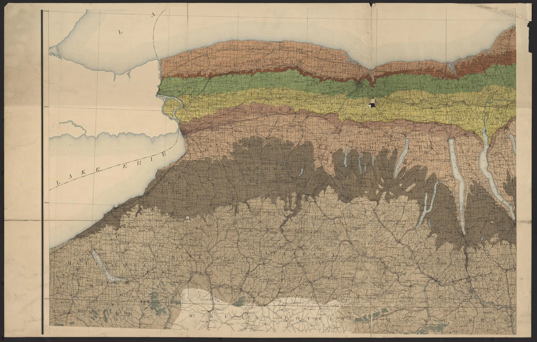 Preliminary geologic map of New York, exhibiting the structure of the state so far as known / Geological Survey of the State of New York ; prepared under the direction of James Hall by W.J. McGee. http://quod.lib.umich.edu/c/clark1ic/x-009356600/39015091903891. University of Michigan Library Digital Collections. Accessed: February 28, 2019.