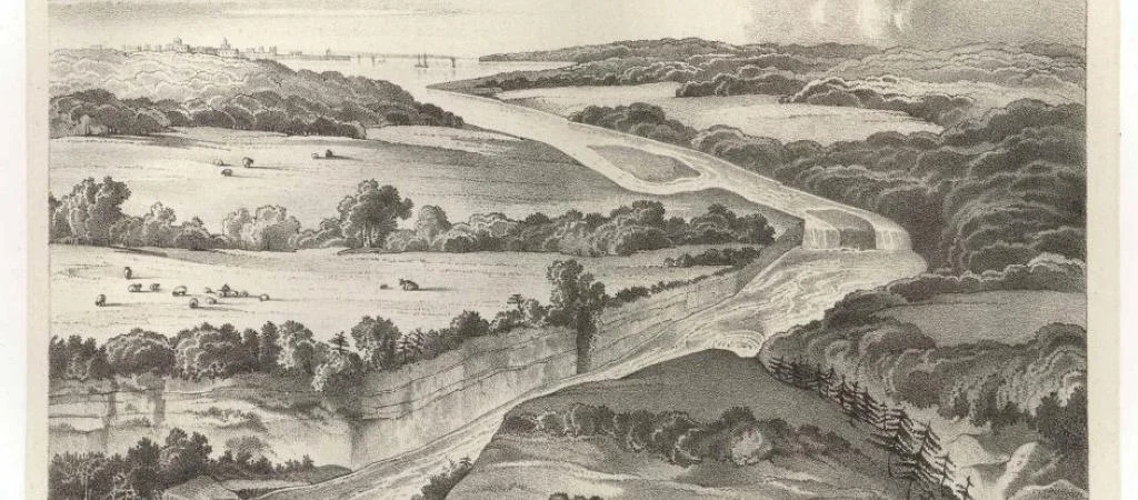 Birdseye view of Niagara Falls and the surrounding country. From James Hall, 1843, The Geology of New York , Part 4, Comprising the Geology of the Fourth District. New York State Geological Survey, from http://www.nysm.nysed.gov/research-collections/geology/resources/niagara-falls