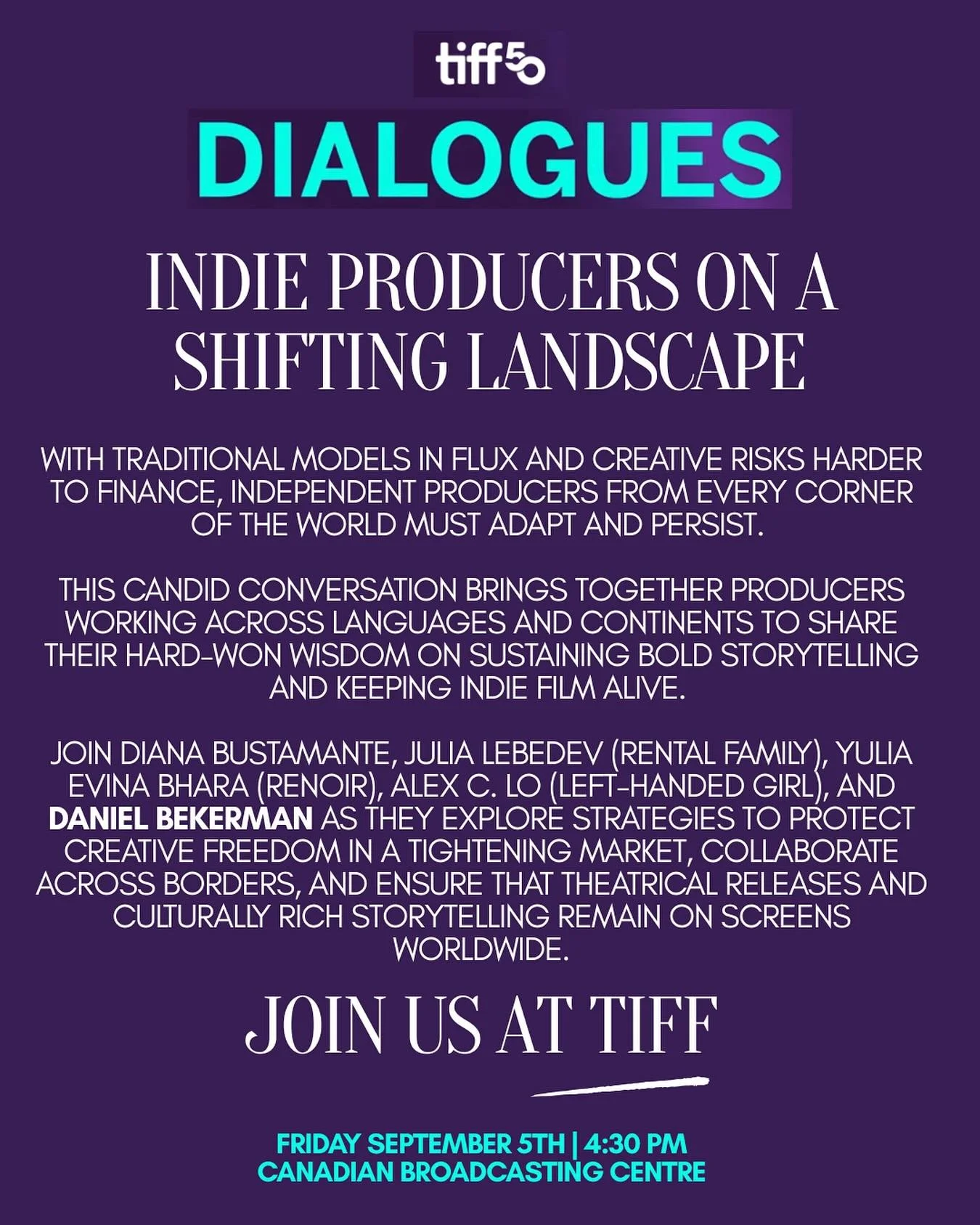 The countdown to TIFF is on! 🍁🎥🍿 

Join us next week at our panel titled &ldquo;Indie Producers on a Shifting Landscape&rdquo; - moderated by Scythia Films&rsquo; founder Daniel Bekerman. 🎤💫 

Friday September 5th, 4.30pm at the CBC 🎦