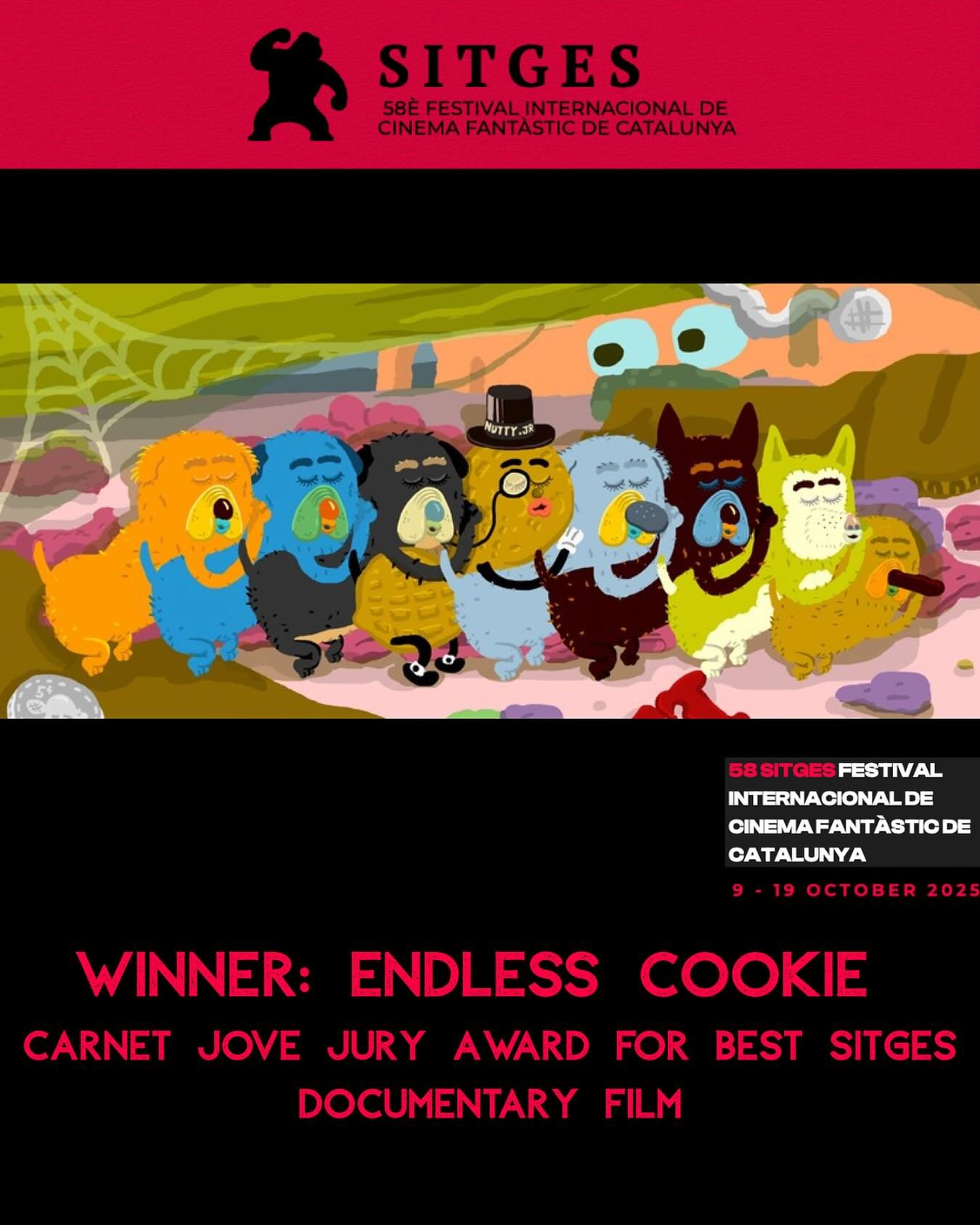 It&rsquo;s an enormous honour to have received the Best Documentary Award for Endless Cookie at @sitgesfestival last night! 🌟 Congratulations to the entire team 🎥🍪