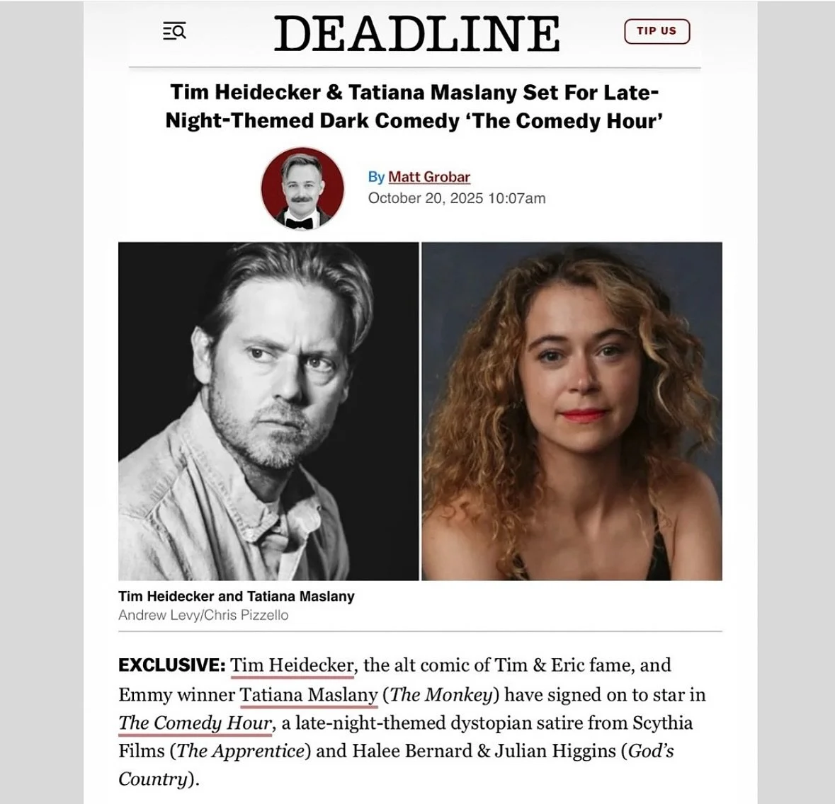 🎬 We&rsquo;re thrilled to share that we are producing &lsquo;The Comedy Hour&rsquo; alongside Halee Bernard &amp; Julian Higgins - a bold, dystopian satire starring Tim Heidecker and Tatiana Maslany!

Late-night meets near-future meltdown: a world o